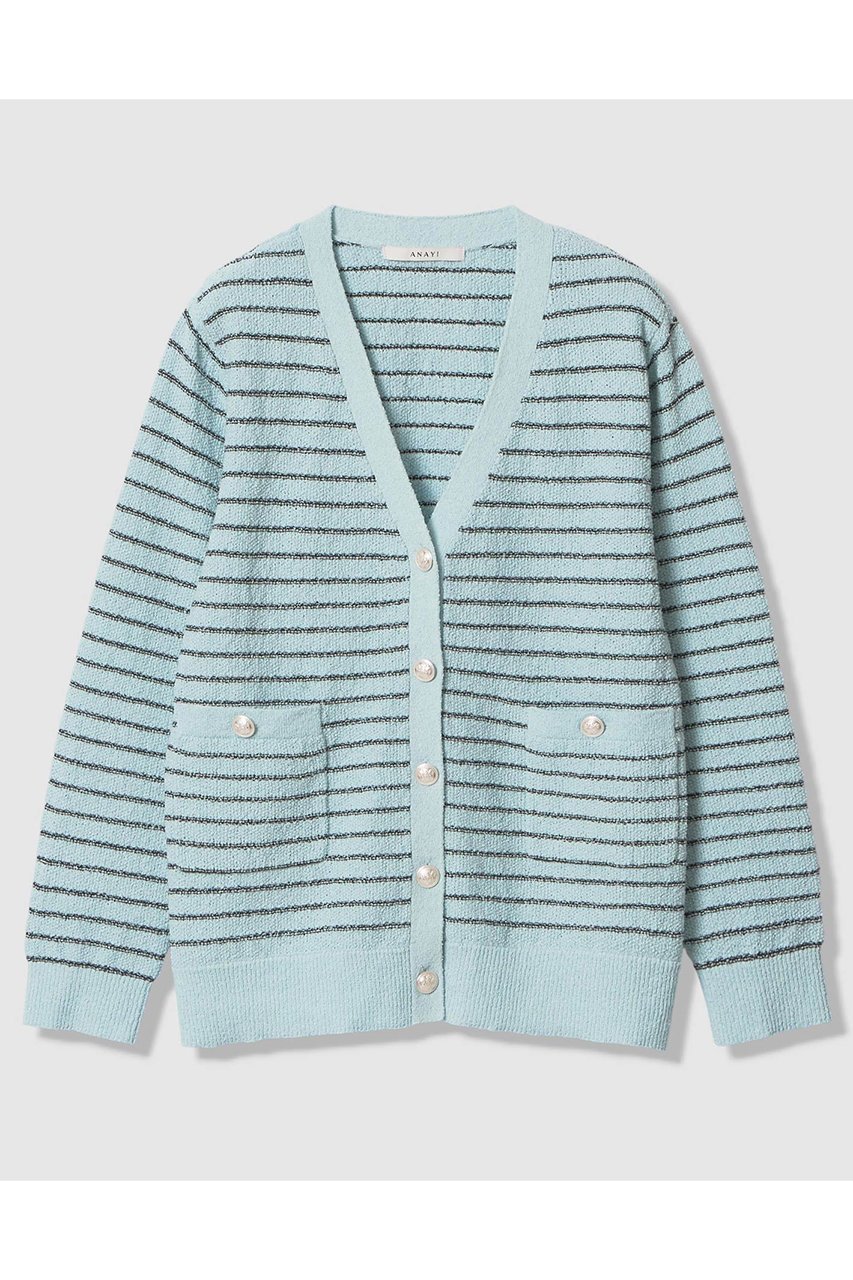 【アナイ/ANAYI】のパウダーボーダーVカーディガン インテリア・キッズ・メンズ・レディースファッション・服の通販 founy(ファニー) 　ファッション　Fashion　レディースファッション　Fashion for Women　トップス・カットソー　Cut & Sew Tops　ニット　Knit Tops & Sweaters　カーディガン・羽織り　Layered Style Cardigans　おすすめ　Recommended / Our Picks　アンサンブル　Ensemble Set　カーディガン　Cardigan, Knitwear　キャミソール　Camisole, Spaghetti Strap Top　シルバー　Silver, Metallic Silver　パウダー　Powder, Soft Tone　パステル　Pastel, Soft Color　ボーダー　Border, Stripe　ミドル　Middle Length, Mid Height　リラックス　Relax, Relaxed Fit　春　Spring　ブルー|ID: prp329100004886003 ipo3291000000036476919