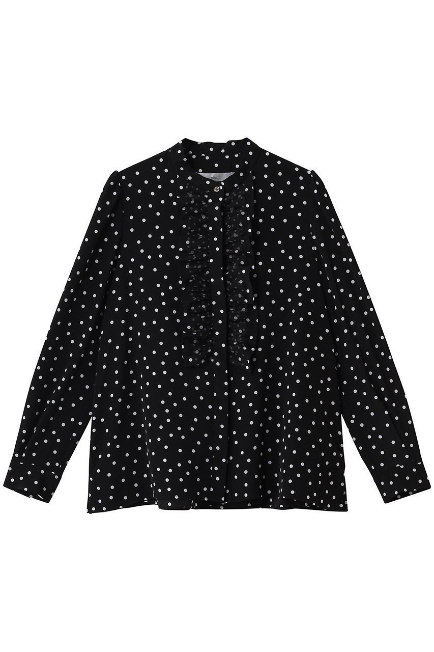 【ティアラ/Tiara】のドットプリントフリルブラウス インテリア・キッズ・メンズ・レディースファッション・服の通販 founy(ファウニー) 　ファッション　Fashion　レディースファッション　Fashion for Women　トップス・カットソー　Cut & Sew Tops　シャツ・ブラウス・オフィスカジュアル　Elegant Blouses & Button-Ups　カーディガン　Cardigan, Knitwear　ジャケット　Jacket, Outerwear　スリーブ　Sleeve, Long Sleeve / Short Sleeve　トレンド　Trend, Trending Now　ドット　Polka Dot, Dot Pattern　フェミニン　Feminine, Girly　フリル　Frill, Ruffle　フロント　Front, Front Design　ランダム　Random, Irregular　ロング　Long, Long-Length　エレガント 上品　Elegant　ビジネス 仕事 通勤　Business / Work / Commuting　ブラック×ホワイト|ID: prp329100004886277 ipo3291000000036904176