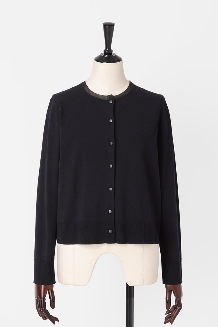 【オーヴィル/EAUVIRE】のシアー付属付きクルーネックカーディガン インテリア・キッズ・メンズ・レディースファッション・服の通販 founy(ファニー) 　ファッション　Fashion　レディースファッション　Fashion for Women　トップス・カットソー　Cut & Sew Tops　カーディガン・羽織り　Layered Style Cardigans　シャツ・ブラウス・オフィスカジュアル　Elegant Blouses & Button-Ups　ロングTシャツ・Tシャツ　Longline T-Shirts & Tees　カットソー・ベーシックTシャツ　Cut-and-Sewn Tops / Stretch Tees & Basics　おすすめ　Recommended / Our Picks　イタリア　Italy　カッティング　Cutting Detail　カーディガン　Cardigan, Knitwear　シアー　Sheer, See-Through　ストレッチ　Stretch, Stretchy Fabric　軽量　Lightweight, Ultra Light　ブラック|ID: prp329100004886627 ipo3291000000036484677