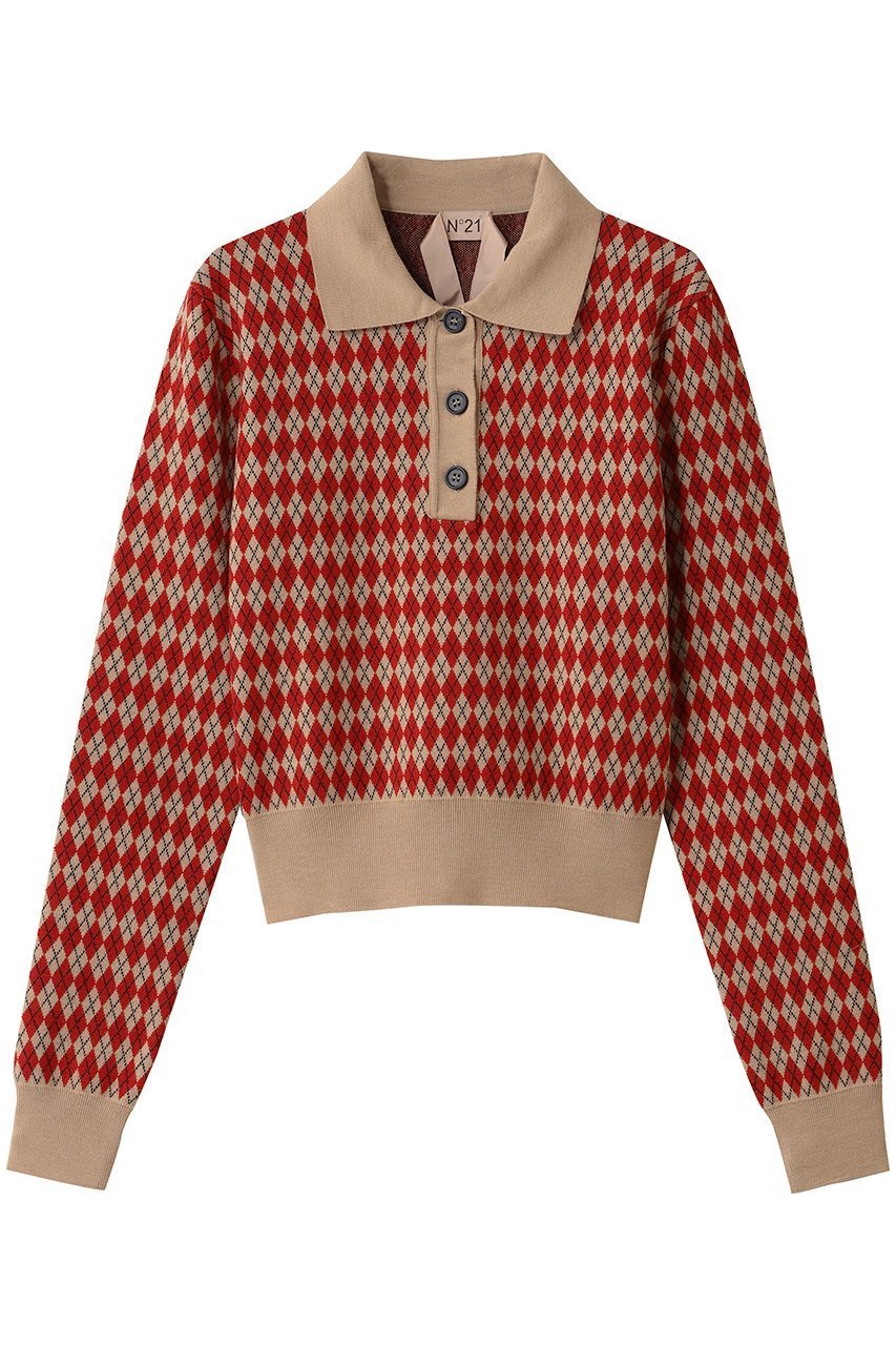 【ヌメロ ヴェントゥーノ/N°21】のアーガイル ポロ ニットトップス インテリア・キッズ・メンズ・レディースファッション・服の通販 founy(ファニー) 　ファッション　Fashion　レディースファッション　Fashion for Women　トップス・カットソー　Cut & Sew Tops　ニット　Knit Tops & Sweaters　カジュアルプルオーバー・ニットトップス　Pullovers & Knit Tops / Casual Pullovers　おすすめ　Recommended / Our Picks　ウォーム　Warm Fabric　スリーブ　Sleeve, Long Sleeve / Short Sleeve　ロング　Long, Long-Length　ワイド　Wide, Wide Fit　A/W・秋冬　Autumn/Winter　レッド|ID: prp329100004886776 ipo3291000000036485709