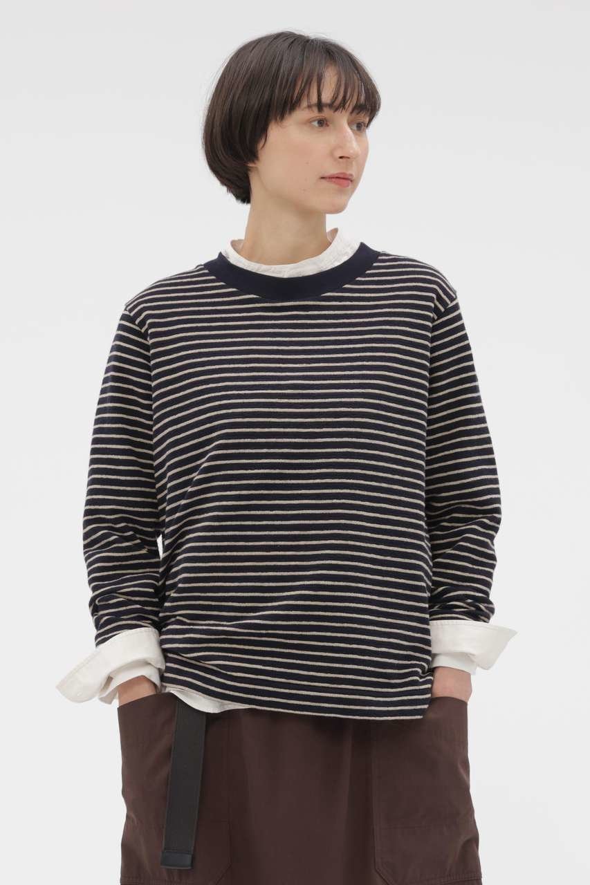 【マーガレットハウエル/MARGARET HOWELL】のTEXTURED COTTON STRIPE TOP インテリア・キッズ・メンズ・レディースファッション・服の通販 founy(ファウニー) 　ファッション　Fashion　レディースファッション　Fashion for Women　トップス・カットソー　Cut & Sew Tops　シャツ・ブラウス・オフィスカジュアル　Elegant Blouses & Button-Ups　ロングTシャツ・Tシャツ　Longline T-Shirts & Tees　カットソー・ベーシックTシャツ　Cut-and-Sewn Tops / Stretch Tees & Basics　シンプル　Simple, Minimal　ストライプ　Stripe, Striped Pattern　スリット　Slit, Slit Detail　スリーブ　Sleeve, Long Sleeve / Short Sleeve　テクスチャー　Texture, Textured Fabric　ロング　Long, Long-Length　ネイビー|ID: prp329100004887250 ipo3291000000037021304