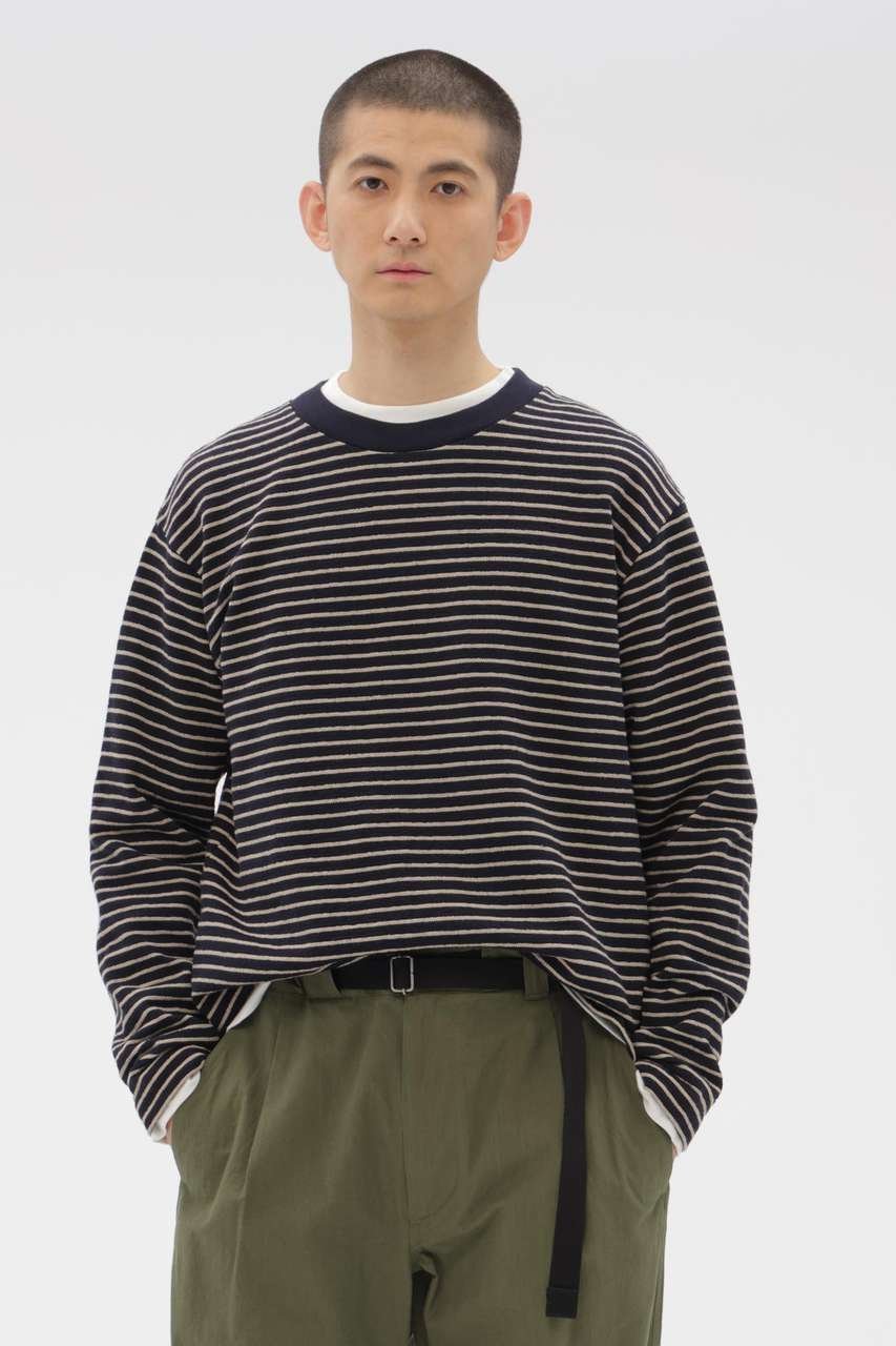 【その他のブランド/Other】のTEXTURED COTTON STRIPE TOP インテリア・キッズ・メンズ・レディースファッション・服の通販 founy(ファニー) 　ファッション　Fashion　レディースファッション　Fashion for Women　トップス・カットソー　Cut & Sew Tops　シャツ・ブラウス・オフィスカジュアル　Elegant Blouses & Button-Ups　ロングTシャツ・Tシャツ　Longline T-Shirts & Tees　カットソー・ベーシックTシャツ　Cut-and-Sewn Tops / Stretch Tees & Basics　シンプル　Simple, Minimal　ストライプ　Stripe, Striped Pattern　スリット　Slit, Slit Detail　スリーブ　Sleeve, Long Sleeve / Short Sleeve　テクスチャー　Texture, Textured Fabric　ロング　Long, Long-Length　新作・新入荷　New Arrivals / New In　ネイビー|ID: prp329100004887316 ipo3291000000036491991