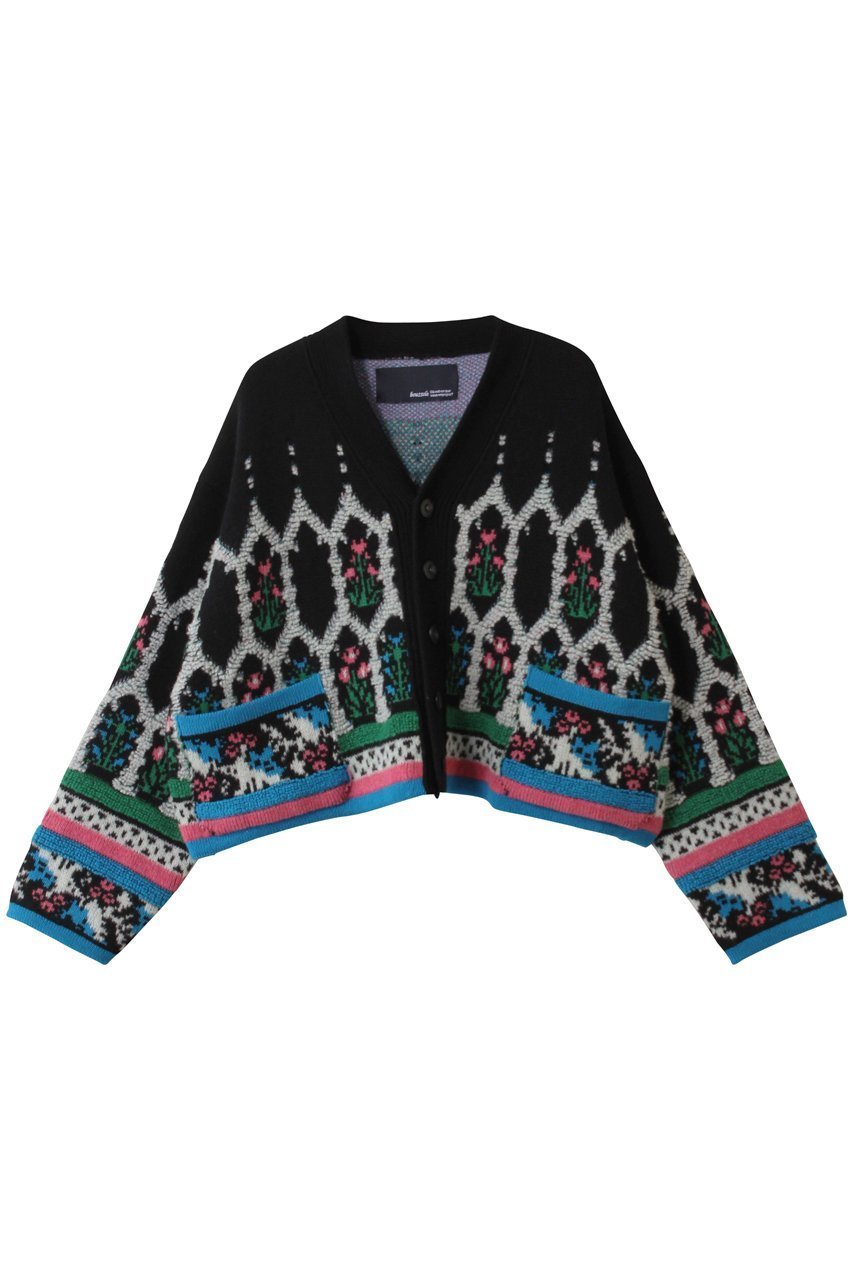 【エリオポール/heliopole】の【boussole】ジャカードVカーディガン インテリア・キッズ・メンズ・レディースファッション・服の通販 founy(ファニー) 　ファッション　Fashion　レディースファッション　Fashion for Women　トップス・カットソー　Cut & Sew Tops　ニット　Knit Tops & Sweaters　カーディガン・羽織り　Layered Style Cardigans　カラフル　Colorful Design　カーディガン　Cardigan, Knitwear　クロップド　Cropped, Short Length　ジャカード／ジャガード　Jacquard, Woven Pattern　ブラック|ID: prp329100004887613 ipo3291000000036495608