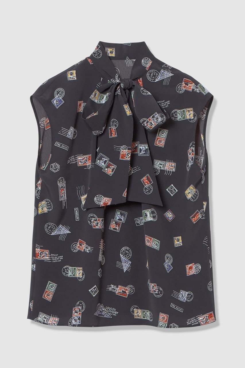 【アルアバイル/allureville】の【LOULOU WILLOUGHBY】レタープリントリボンブラウス インテリア・キッズ・メンズ・レディースファッション・服の通販 founy(ファニー) 　ファッション　Fashion　レディースファッション　Fashion for Women　トップス・カットソー　Cut & Sew Tops　シャツ・ブラウス・オフィスカジュアル　Elegant Blouses & Button-Ups　ショート　Short, Short Length　スリーブ　Sleeve, Long Sleeve / Short Sleeve　フレンチ　French, French Style　プリント　Print, Printed Pattern　モチーフ　Motif, Design Theme　ネイビー|ID: prp329100004887662 ipo3291000000036496365