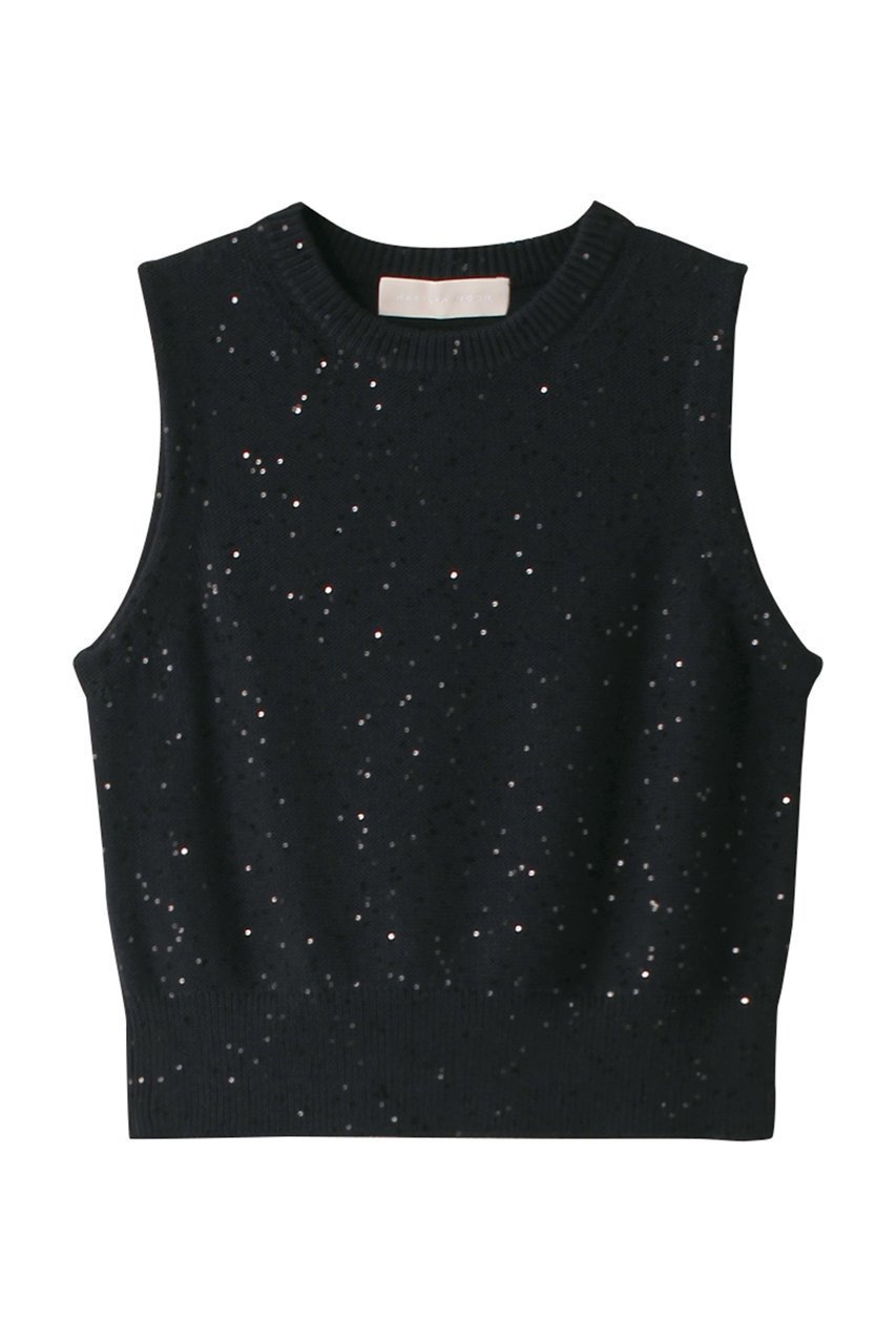 【マリリンムーン/MARILYN MOON】のコットンポリエステルスパングルノースリーブベスト インテリア・キッズ・メンズ・レディースファッション・服の通販 founy(ファニー) 　ファッション　Fashion　レディースファッション　Fashion for Women　トップス・カットソー　Cut & Sew Tops　ニット　Knit Tops & Sweaters　キャミソール&ノースリーブ　Camisoles & Sleeveless Tops　ベスト&ジレ / 重ね着スタイル　Vests & Gilets　カジュアルプルオーバー・ニットトップス　Pullovers & Knit Tops / Casual Pullovers　スパンコール　Sequins, Sequin Embellishment　ノースリーブ　Sleeveless, No-Sleeve　ベスト　Vest, Waistcoat　ロング　Long, Long-Length　ネイビー|ID: prp329100004887850 ipo3291000000036499695