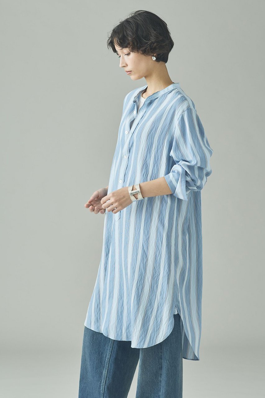 【カレンソロジー/Curensology】のストライプバンドカラーロングシャツ 人気、トレンドファッション・服の通販 founy(ファニー) 　ファッション　Fashion　レディースファッション　Fashion for Women　トップス・カットソー　Cut & Sew Tops　シャツ・ブラウス・オフィスカジュアル　Elegant Blouses & Button-Ups　ストライプ　Stripe, Striped Pattern　スリーブ　Sleeve, Long Sleeve / Short Sleeve　フランス　France, French　リラックス　Relax, Relaxed Fit　ロング　Long, Long-Length　ワイド　Wide, Wide Fit　ヴィンテージ　Vintage Style　人気　Popular, Best Seller　other-3|ID: prp329100004888412 ipo3291000000036505700