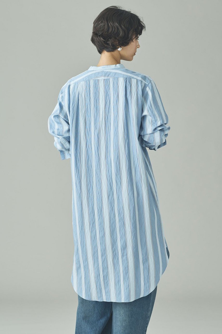 【カレンソロジー/Curensology】のストライプバンドカラーロングシャツ 人気、トレンドファッション・服の通販 founy(ファニー) 　ファッション　Fashion　レディースファッション　Fashion for Women　トップス・カットソー　Cut & Sew Tops　シャツ・ブラウス・オフィスカジュアル　Elegant Blouses & Button-Ups　ストライプ　Stripe, Striped Pattern　スリーブ　Sleeve, Long Sleeve / Short Sleeve　フランス　France, French　リラックス　Relax, Relaxed Fit　ロング　Long, Long-Length　ワイド　Wide, Wide Fit　ヴィンテージ　Vintage Style　人気　Popular, Best Seller　other-4|ID: prp329100004888412 ipo3291000000036505701