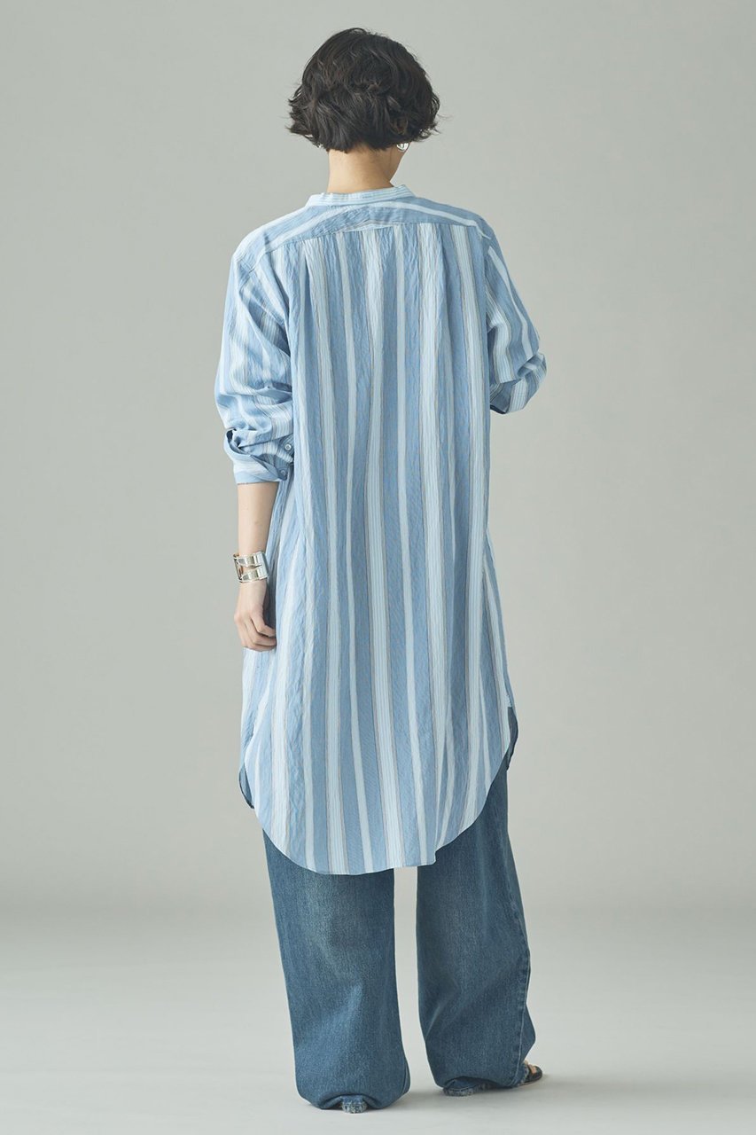 【カレンソロジー/Curensology】のストライプバンドカラーロングシャツ 人気、トレンドファッション・服の通販 founy(ファニー) 　ファッション　Fashion　レディースファッション　Fashion for Women　トップス・カットソー　Cut & Sew Tops　シャツ・ブラウス・オフィスカジュアル　Elegant Blouses & Button-Ups　ストライプ　Stripe, Striped Pattern　スリーブ　Sleeve, Long Sleeve / Short Sleeve　フランス　France, French　リラックス　Relax, Relaxed Fit　ロング　Long, Long-Length　ワイド　Wide, Wide Fit　ヴィンテージ　Vintage Style　人気　Popular, Best Seller　other-7|ID: prp329100004888412 ipo3291000000036505704