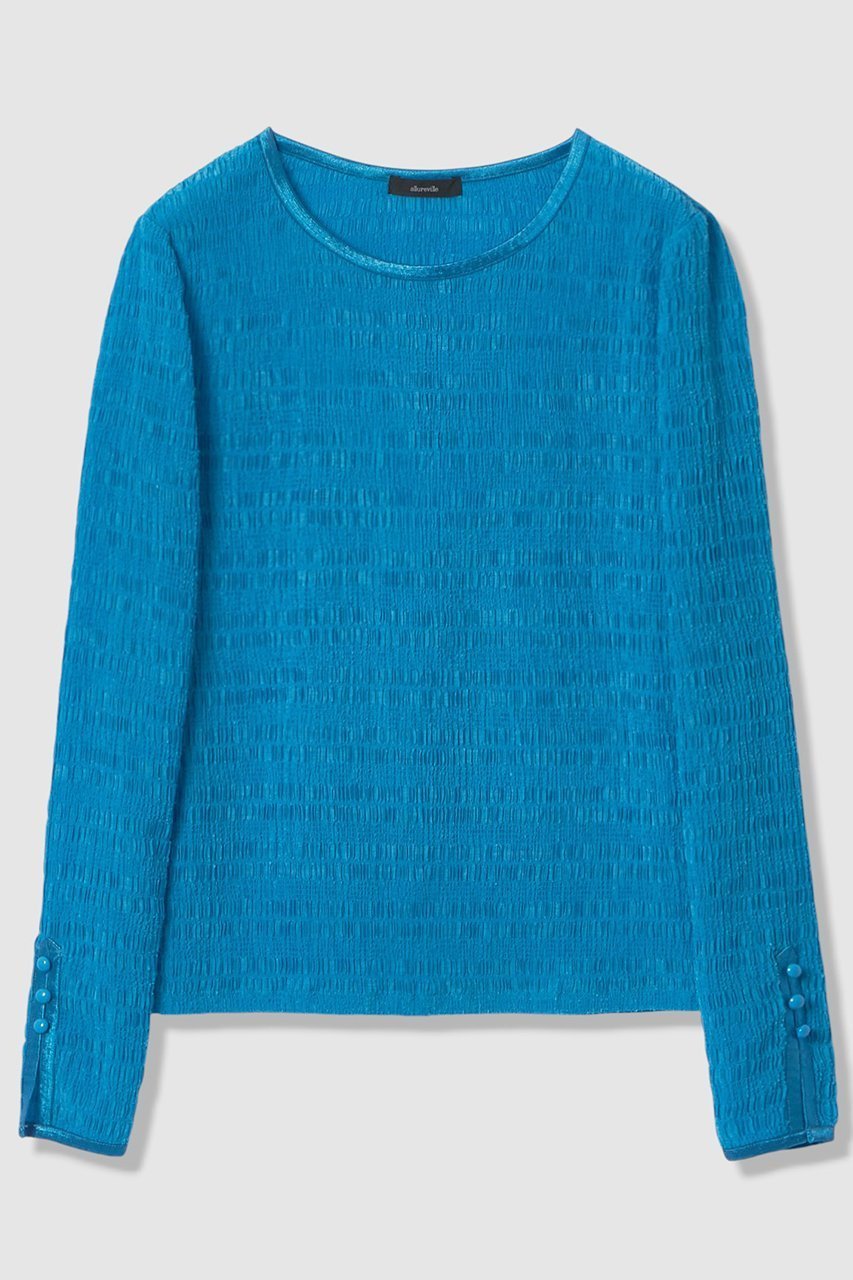 【アルアバイル/allureville】のランダムシャーリングプルオーバー インテリア・キッズ・メンズ・レディースファッション・服の通販 founy(ファニー) 　ファッション　Fashion　レディースファッション　Fashion for Women　トップス・カットソー　Cut & Sew Tops　シャツ・ブラウス・オフィスカジュアル　Elegant Blouses & Button-Ups　ロングTシャツ・Tシャツ　Longline T-Shirts & Tees　カジュアルプルオーバー・ニットトップス　Pullovers & Knit Tops / Casual Pullovers　カットソー・ベーシックTシャツ　Cut-and-Sewn Tops / Stretch Tees & Basics　インナー　Innerwear　カットソー　Cut and Sewn Top　シアー　Sheer, See-Through　スリーブ　Sleeve, Long Sleeve / Short Sleeve　テクスチャー　Texture, Textured Fabric　ロング　Long, Long-Length　エレガント 上品　Elegant　ブルー|ID: prp329100004888493 ipo3291000000036506395