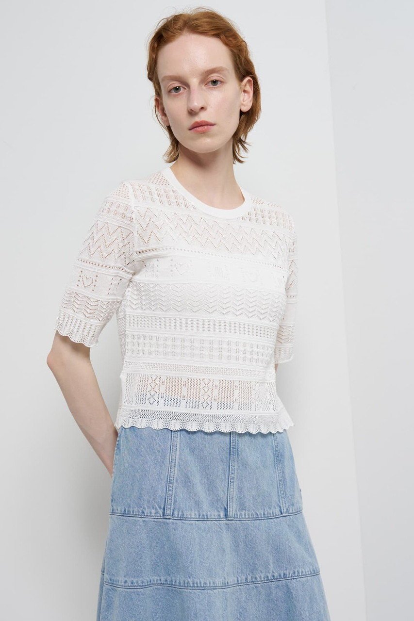 【ランバン オン ブルー/LANVIN en Bleu】のレースハーフスリーブニット インテリア・キッズ・メンズ・レディースファッション・服の通販 founy(ファニー) 　ファッション　Fashion　レディースファッション　Fashion for Women　トップス・カットソー　Cut & Sew Tops　ニット　Knit Tops & Sweaters　カジュアルプルオーバー・ニットトップス　Pullovers & Knit Tops / Casual Pullovers　カーディガン　Cardigan, Knitwear　コンパクト　Compact, Small Size　バランス　Balance, Style Balance　パターン　Pattern, Design Print　レース　Lace, Lace Fabric　エレガント 上品　Elegant　オフ|ID: prp329100004888506 ipo3291000000036506515