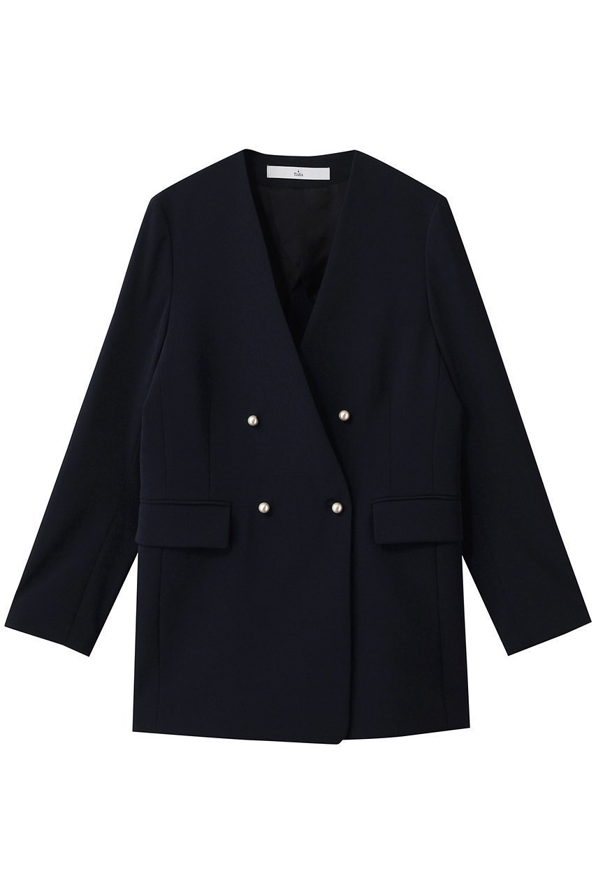 【ティアラ/Tiara】のノーカラーダブルジャケット 人気、トレンドファッション・服の通販 founy(ファニー) 　ファッション　Fashion　レディースファッション　Fashion for Women　アウター　Coat / Outerwear Collection　レディースジャケット・軽アウター　Jackets　おすすめ　Recommended / Our Picks　ジャケット　Jacket, Outerwear　ダウン　Down, Puffer　ダブル　Double, Double-Breasted　デニム　Denim, Jeans Material　パール　Pearl, Pearl Accent　ボトム　Bottoms, Lower Wear　ミドル　Middle Length, Mid Height　エレガント 上品　Elegant　 other-1|ID: prp329100004888556 ipo3291000000036506985