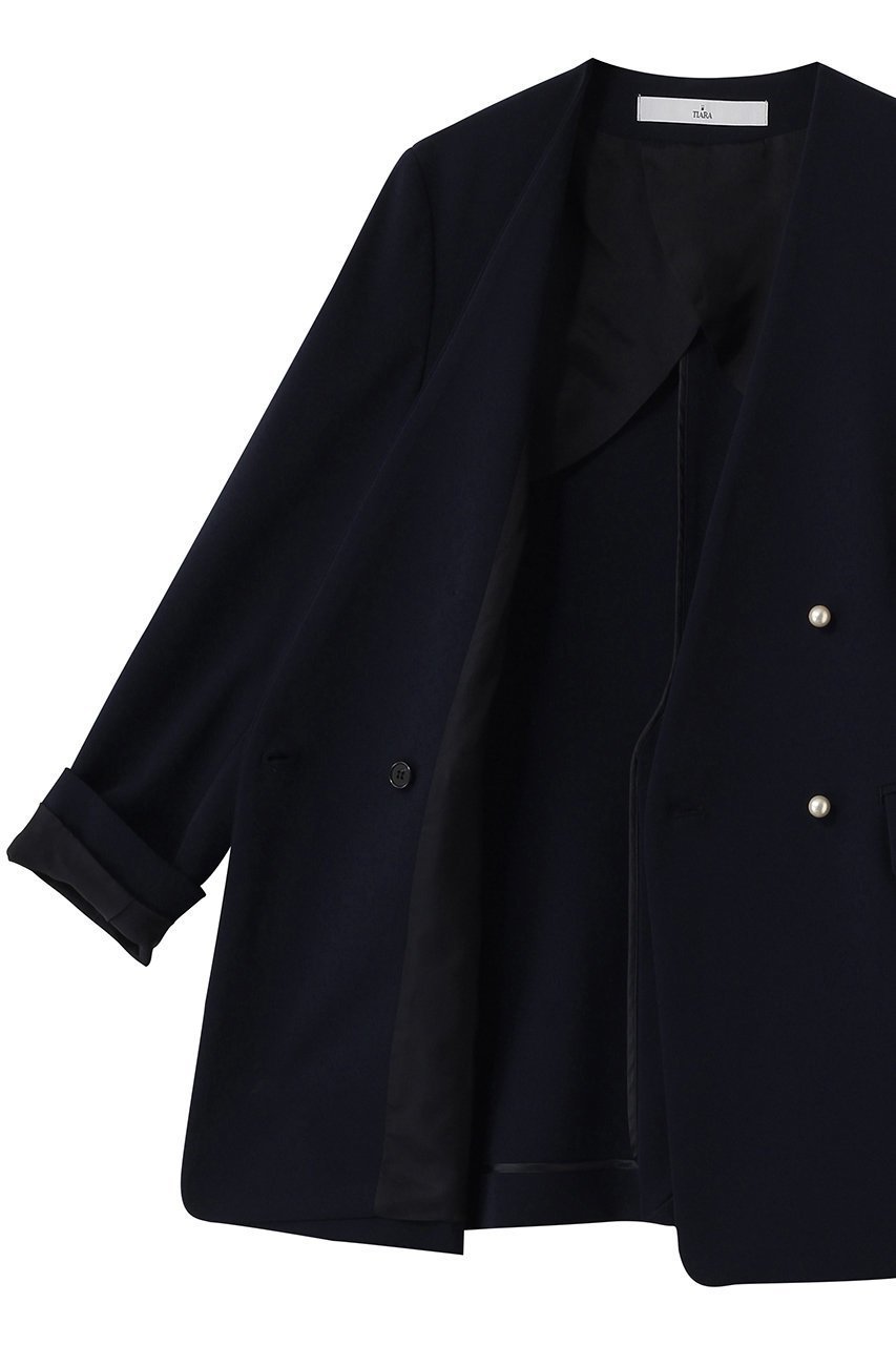 【ティアラ/Tiara】のノーカラーダブルジャケット 人気、トレンドファッション・服の通販 founy(ファニー) 　ファッション　Fashion　レディースファッション　Fashion for Women　アウター　Coat / Outerwear Collection　レディースジャケット・軽アウター　Jackets　おすすめ　Recommended / Our Picks　ジャケット　Jacket, Outerwear　ダウン　Down, Puffer　ダブル　Double, Double-Breasted　デニム　Denim, Jeans Material　パール　Pearl, Pearl Accent　ボトム　Bottoms, Lower Wear　ミドル　Middle Length, Mid Height　エレガント 上品　Elegant　other-6|ID: prp329100004888556 ipo3291000000036506991