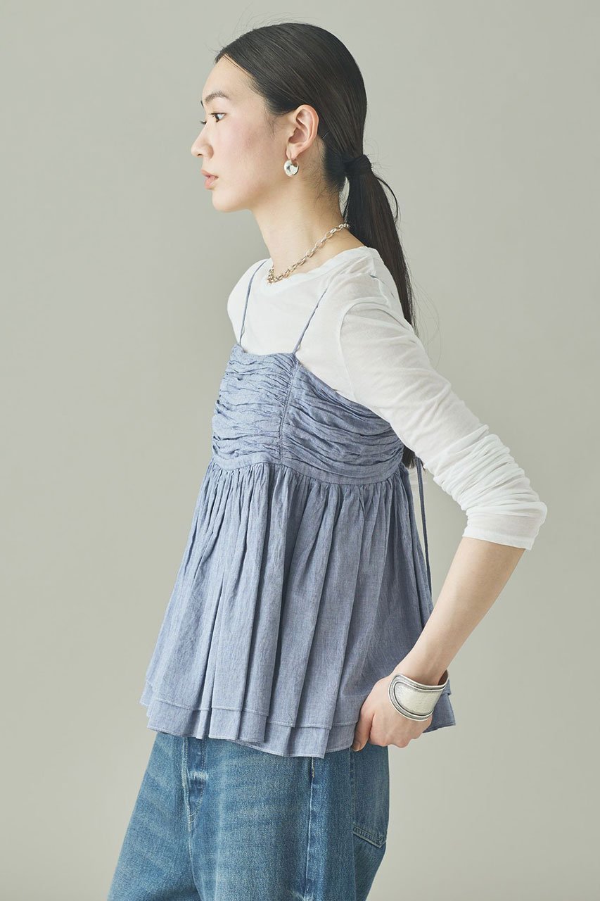 【カレンソロジー/Curensology】のシャンブレーギャザーキャミソール 人気、トレンドファッション・服の通販 founy(ファニー) 　ファッション　Fashion　レディースファッション　Fashion for Women　トップス・カットソー　Cut & Sew Tops　キャミソール&ノースリーブ　Camisoles & Sleeveless Tops　シャツ・ブラウス・オフィスカジュアル　Elegant Blouses & Button-Ups　ロングTシャツ・Tシャツ　Longline T-Shirts & Tees　カットソー・ベーシックTシャツ　Cut-and-Sewn Tops / Stretch Tees & Basics　おすすめ　Recommended / Our Picks　キャミソール　Camisole, Spaghetti Strap Top　ギャザー　Gathered, Ruffled　タンク　Tank Top, Sleeveless Top　デニム　Denim, Jeans Material　パーティ　Party, Party Style　再入荷　Restock / Back in Stock　other-3|ID: prp329100004888608 ipo3291000000036507380