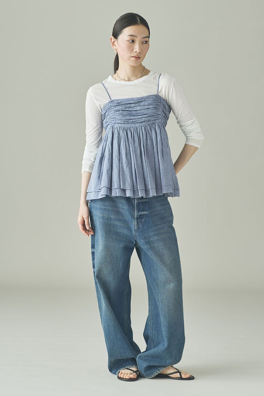 【カレンソロジー/Curensology】のシャンブレーギャザーキャミソール 人気、トレンドファッション・服の通販 founy(ファニー) 　ファッション　Fashion　レディースファッション　Fashion for Women　トップス・カットソー　Cut & Sew Tops　キャミソール&ノースリーブ　Camisoles & Sleeveless Tops　シャツ・ブラウス・オフィスカジュアル　Elegant Blouses & Button-Ups　ロングTシャツ・Tシャツ　Longline T-Shirts & Tees　カットソー・ベーシックTシャツ　Cut-and-Sewn Tops / Stretch Tees & Basics　おすすめ　Recommended / Our Picks　キャミソール　Camisole, Spaghetti Strap Top　ギャザー　Gathered, Ruffled　タンク　Tank Top, Sleeveless Top　デニム　Denim, Jeans Material　パーティ　Party, Party Style　再入荷　Restock / Back in Stock　other-5|ID: prp329100004888608 ipo3291000000036507382