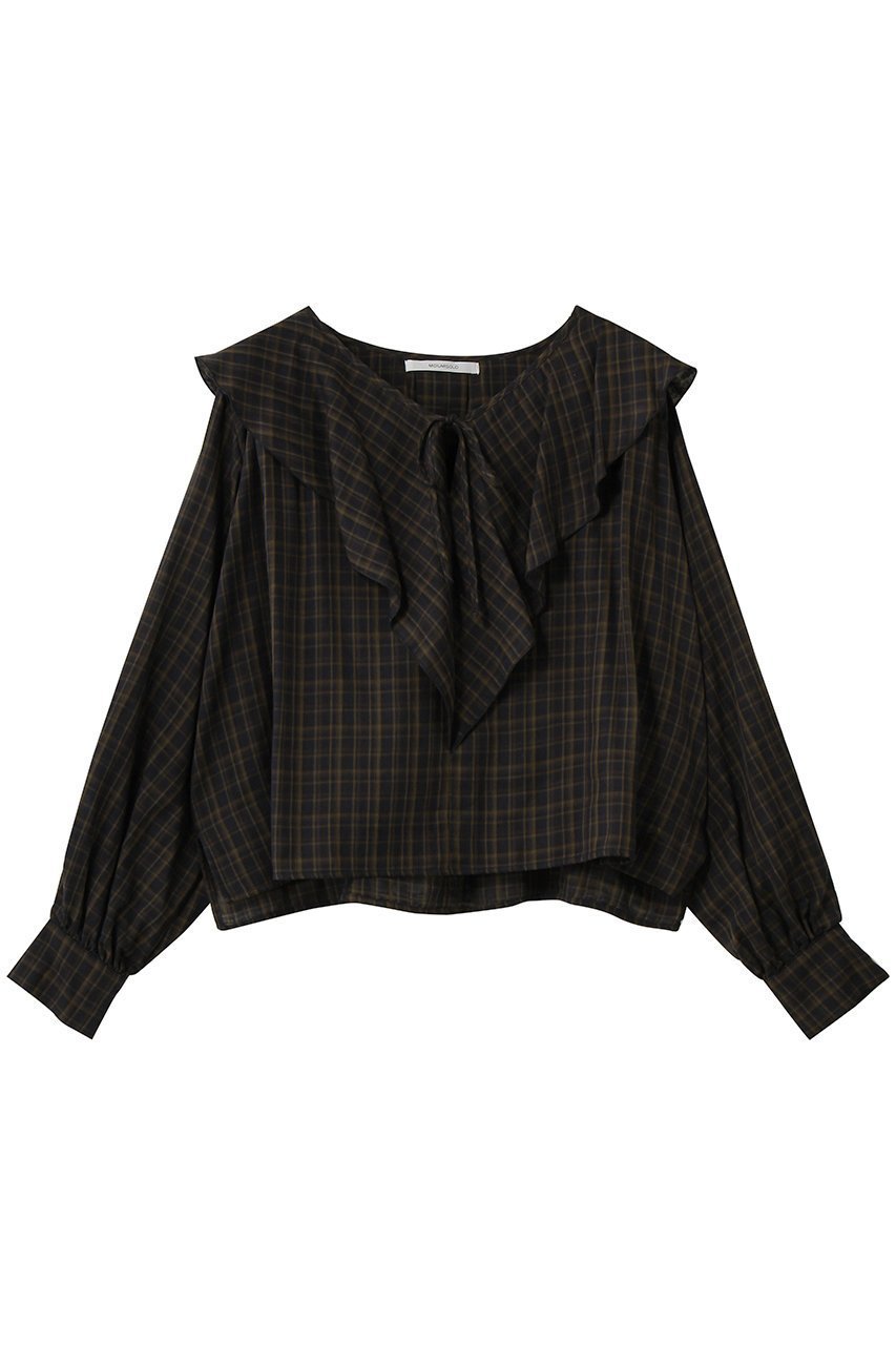 【ミディウミソリッド/MIDIUMISOLID】のcheck big frill collar blouse ブラウス インテリア・キッズ・メンズ・レディースファッション・服の通販 founy(ファニー) 　ファッション　Fashion　レディースファッション　Fashion for Women　トップス・カットソー　Cut & Sew Tops　シャツ・ブラウス・オフィスカジュアル　Elegant Blouses & Button-Ups　スラックス　Slacks, Dress Pants　スリーブ　Sleeve, Long Sleeve / Short Sleeve　チェック　Check, Plaid, Tartan　デニム　Denim, Jeans Material　フリル　Frill, Ruffle　フロント　Front, Front Design　ロング　Long, Long-Length　新作・新入荷　New Arrivals / New In　brown|ID: prp329100004888618 ipo3291000000036507461