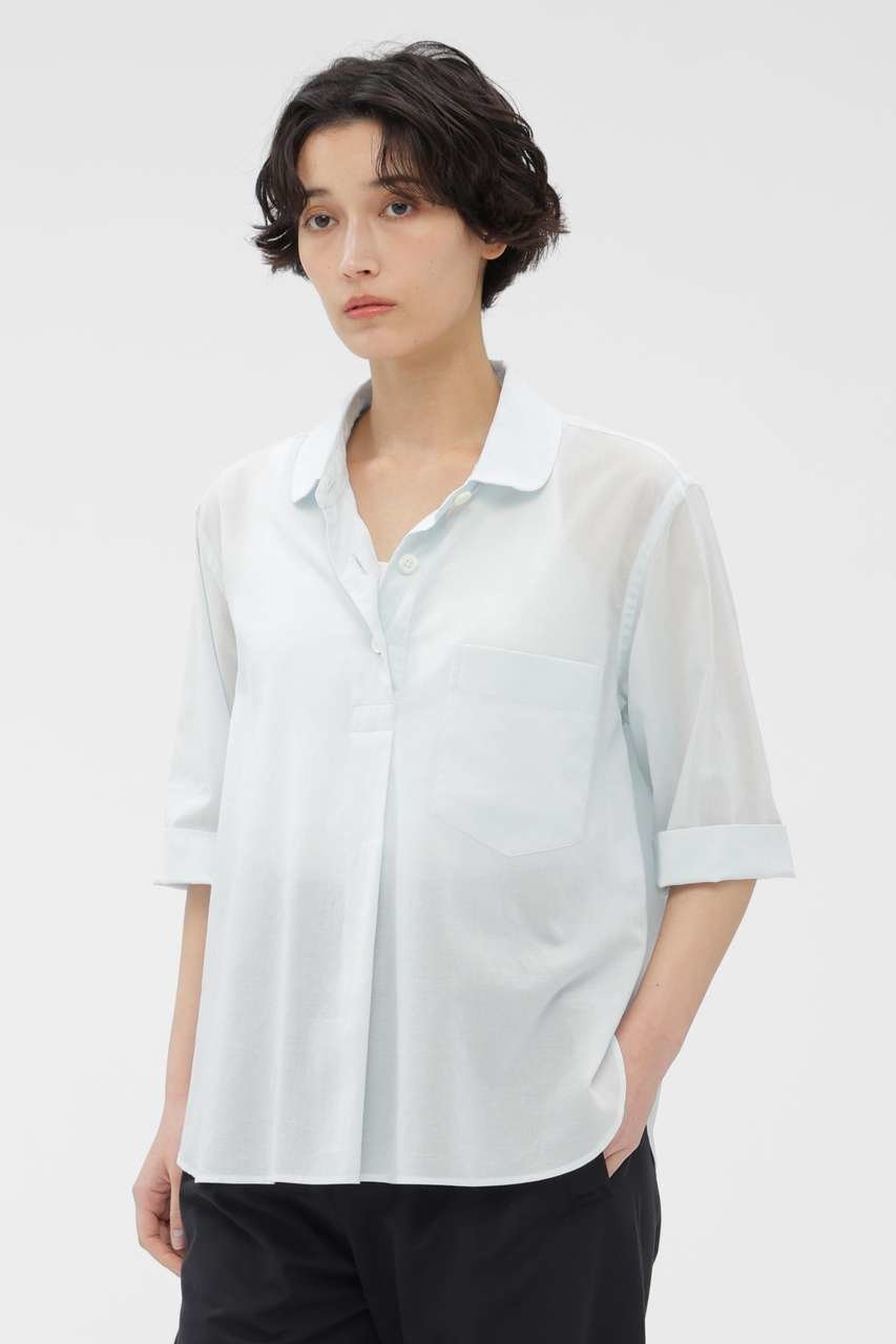 【マーガレットハウエル/MARGARET HOWELL】のHIGH TWISTED COTTON VOILE SHIRT インテリア・キッズ・メンズ・レディースファッション・服の通販 founy(ファニー) 　ファッション　Fashion　レディースファッション　Fashion for Women　トップス・カットソー　Cut & Sew Tops　シャツ・ブラウス・オフィスカジュアル　Elegant Blouses & Button-Ups　なめらか　Smooth, Silky Texture　ショート　Short, Short Length　スリーブ　Sleeve, Long Sleeve / Short Sleeve　パターン　Pattern, Design Print　ラウンド　Round, Round Neck　リラックス　Relax, Relaxed Fit　新作・新入荷　New Arrivals / New In　ブルー|ID: prp329100004888786 ipo3291000000036510752