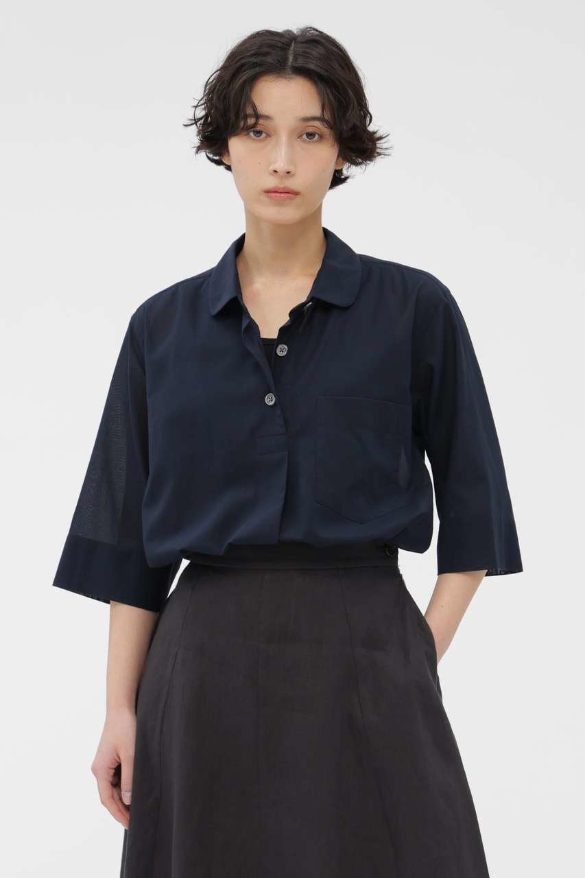 【マーガレットハウエル/MARGARET HOWELL】のHIGH TWISTED COTTON VOILE SHIRT インテリア・キッズ・メンズ・レディースファッション・服の通販 founy(ファニー) 　ファッション　Fashion　レディースファッション　Fashion for Women　トップス・カットソー　Cut & Sew Tops　シャツ・ブラウス・オフィスカジュアル　Elegant Blouses & Button-Ups　なめらか　Smooth, Silky Texture　ショート　Short, Short Length　スリーブ　Sleeve, Long Sleeve / Short Sleeve　パターン　Pattern, Design Print　ラウンド　Round, Round Neck　リラックス　Relax, Relaxed Fit　新作・新入荷　New Arrivals / New In　ネイビー|ID: prp329100004888786 ipo3291000000036510753