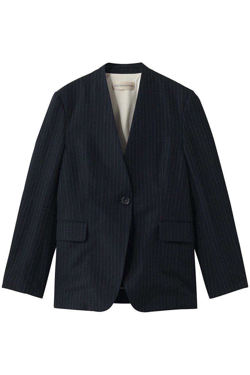 【デザイン ワークス/DESIGN WORKS】の【セットアップ対応】リネン混ノーカラージャケット インテリア・キッズ・メンズ・レディースファッション・服の通販 founy(ファウニー) 　ファッション　Fashion　レディースファッション　Fashion for Women　アウター　Coat / Outerwear Collection　レディースジャケット・軽アウター　Jackets　ノーカラージャケット / シンプル上品コーデ　Collarless Jackets　シンプル　Simple, Minimal　ジャケット　Jacket, Outerwear　ストライプ　Stripe, Striped Pattern　セットアップ　Set-Up, Coordinated Outfit　デニム　Denim, Jeans Material　ネップ　Nepp, Slub Yarn　フェミニン　Feminine, Girly　フォルム　Silhouette, Form　リネン　Linen, Linen Fabric　エレガント 上品　Elegant　再入荷　Restock / Back in Stock　夏　Summer　春　Spring　S/S・春夏　SS, Spring/Summer, Warm Season　ネイビー|ID: prp329100004888866 ipo3291000000036793200