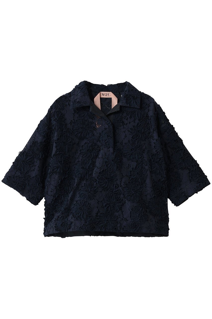 【ヌメロ ヴェントゥーノ/N°21】のフラワーエンブロイダリーポロシャツ インテリア・キッズ・メンズ・レディースファッション・服の通販 founy(ファニー) 　ファッション　Fashion　レディースファッション　Fashion for Women　トップス・カットソー　Cut & Sew Tops　シャツ・ブラウス・オフィスカジュアル　Elegant Blouses & Button-Ups　ポロシャツ・きれいめカジュアル　Smart-Casual Polo Tops　スポーティ　Sporty, Casual Athletic　スリーブ　Sleeve, Long Sleeve / Short Sleeve　フォルム　Silhouette, Form　フラワー　Flower, Floral　ポロシャツ　Polo Shirt, Collared Tee　ワイド　Wide, Wide Fit　ネイビー|ID: prp329100004888991 ipo3291000000036519433