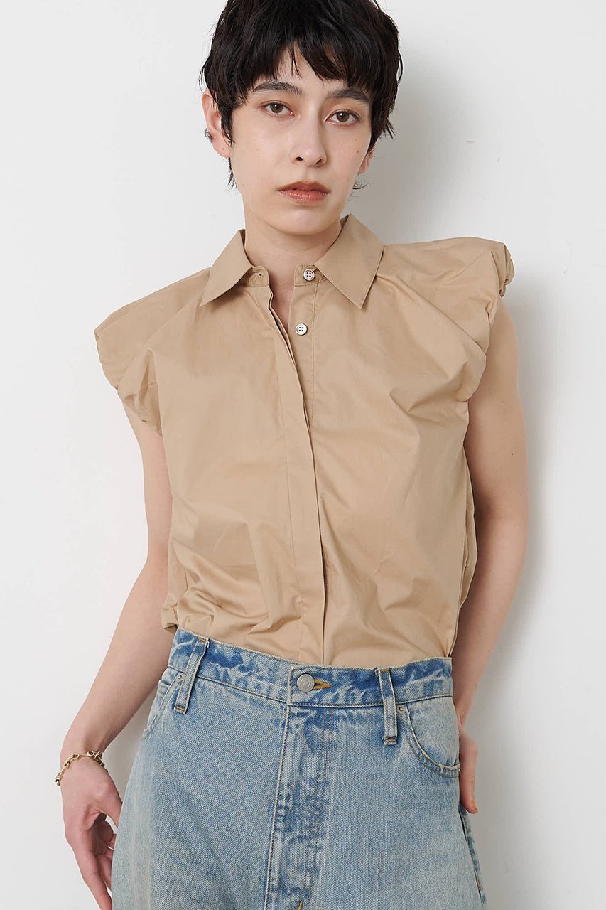 【ウィムガゼット/Whim Gazette】の【THE PAUSE】袖ギャザーノースリーブシャツ インテリア・キッズ・メンズ・レディースファッション・服の通販 founy(ファニー) 　ファッション　Fashion　レディースファッション　Fashion for Women　トップス・カットソー　Cut & Sew Tops　キャミソール&ノースリーブ　Camisoles & Sleeveless Tops　シャツ・ブラウス・オフィスカジュアル　Elegant Blouses & Button-Ups　ギャザー　Gathered, Ruffled　シンプル　Simple, Minimal　ストライプ　Stripe, Striped Pattern　ノースリーブ　Sleeveless, No-Sleeve　バランス　Balance, Style Balance　レギュラー　Regular, Standard Fit　新作・新入荷　New Arrivals / New In　無地　Plain, Solid Color　ベージュ|ID: prp329100004889158 ipo3291000000036526115