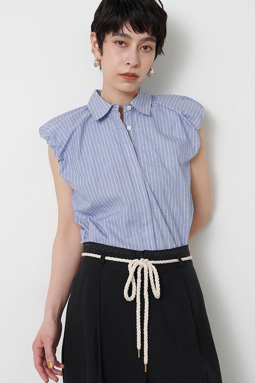 【ウィムガゼット/Whim Gazette】の【THE PAUSE】袖ギャザーノースリーブシャツ インテリア・キッズ・メンズ・レディースファッション・服の通販 founy(ファニー) 　ファッション　Fashion　レディースファッション　Fashion for Women　トップス・カットソー　Cut & Sew Tops　キャミソール&ノースリーブ　Camisoles & Sleeveless Tops　シャツ・ブラウス・オフィスカジュアル　Elegant Blouses & Button-Ups　ギャザー　Gathered, Ruffled　シンプル　Simple, Minimal　ストライプ　Stripe, Striped Pattern　ノースリーブ　Sleeveless, No-Sleeve　バランス　Balance, Style Balance　レギュラー　Regular, Standard Fit　新作・新入荷　New Arrivals / New In　無地　Plain, Solid Color　ブルー|ID: prp329100004889158 ipo3291000000036526117