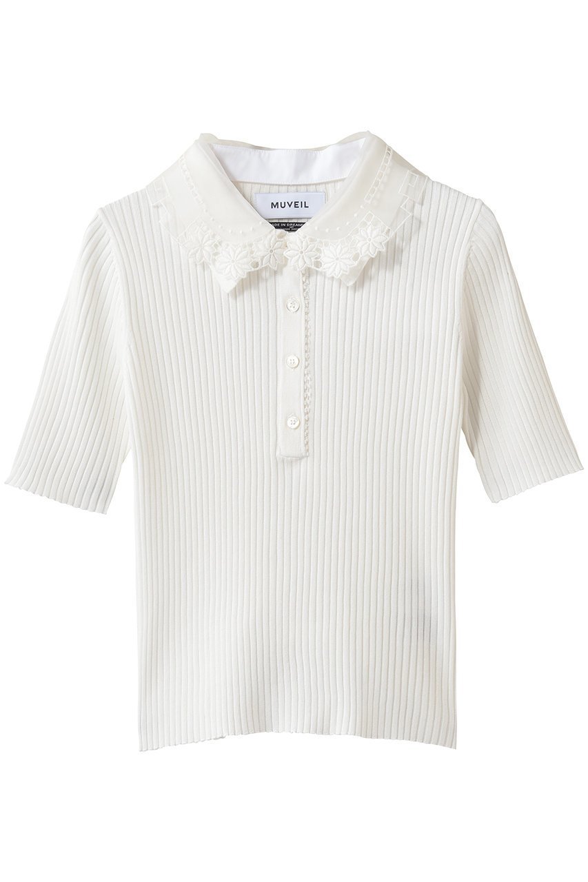 【ミュベール/MUVEIL】のレースカラー付きポロプルオーバー インテリア・キッズ・メンズ・レディースファッション・服の通販 founy(ファニー) 　ファッション　Fashion　レディースファッション　Fashion for Women　トップス・カットソー　Cut & Sew Tops　ニット　Knit Tops & Sweaters　カジュアルプルオーバー・ニットトップス　Pullovers & Knit Tops / Casual Pullovers　オーガンジー　Organza Fabric　コンパクト　Compact, Small Size　スポーティ　Sporty, Casual Athletic　レース　Lace, Lace Fabric　新作・新入荷　New Arrivals / New In　ホワイト|ID: prp329100004889175 ipo3291000000036526238