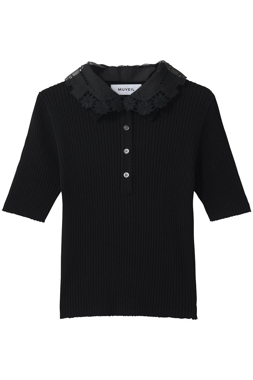 【ミュベール/MUVEIL】のレースカラー付きポロプルオーバー インテリア・キッズ・メンズ・レディースファッション・服の通販 founy(ファウニー) 　ファッション　Fashion　レディースファッション　Fashion for Women　トップス・カットソー　Cut & Sew Tops　ニット　Knit Tops & Sweaters　カジュアルプルオーバー・ニットトップス　Pullovers & Knit Tops / Casual Pullovers　オーガンジー　Organza Fabric　コンパクト　Compact, Small Size　スポーティ　Sporty, Casual Athletic　レース　Lace, Lace Fabric　ブラック|ID: prp329100004889175 ipo3291000000036879561