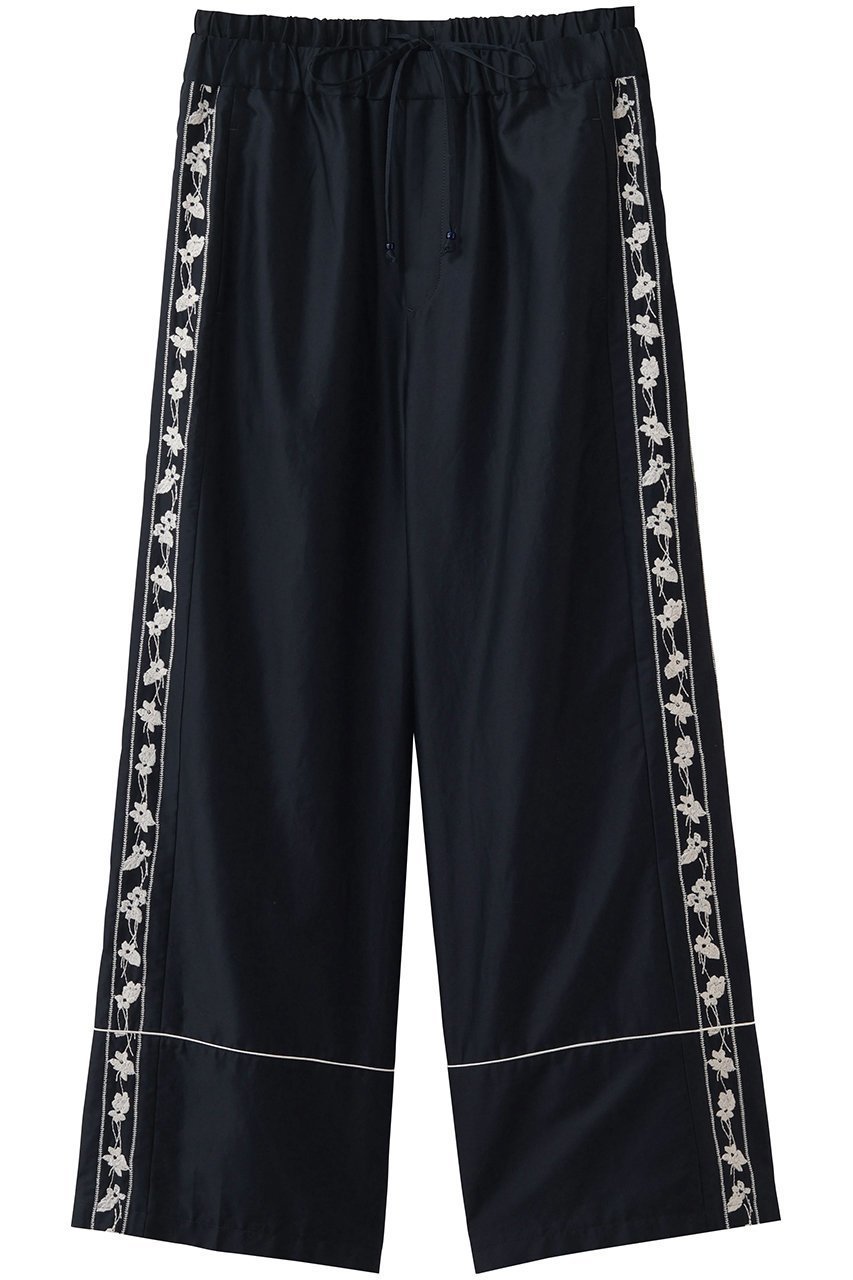 【ミュベール/MUVEIL】のスミレ刺しゅうパンツ インテリア・キッズ・メンズ・レディースファッション・服の通販 founy(ファニー) 　ファッション　Fashion　レディースファッション　Fashion for Women　パンツ　Pants & Trousers　サテン　Satin, Glossy Fabric　ジャケット　Jacket, Outerwear　ストライプ　Stripe, Striped Pattern　ストレート　Straight, Straight Cut　リラックス　Relax, Relaxed Fit　新作・新入荷　New Arrivals / New In　ネイビー|ID: prp329100004889192 ipo3291000000036526373