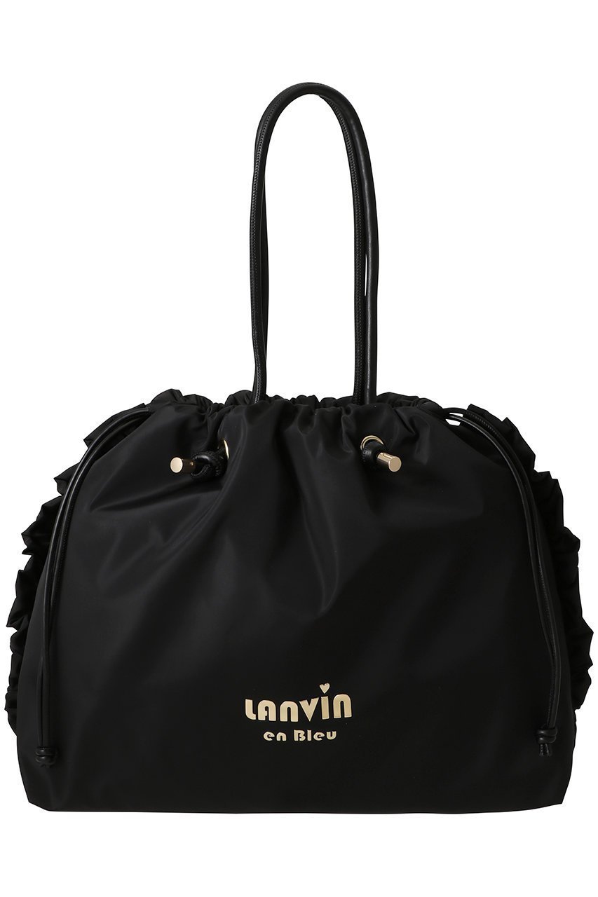 【ランバン オン ブルー/LANVIN en Bleu】のサイドフリルドロストトートバッグ(大) インテリア・キッズ・メンズ・レディースファッション・服の通販 founy(ファニー) 　ファッション　Fashion　レディースファッション　Fashion for Women　バッグ　Bags　タフタ　Taffeta, Structured Fabric　フェイクレザー　Faux Leather, PU Leather　フリル　Frill, Ruffle　プリント　Print, Printed Pattern　メタル　Metal, Metal Parts　巾着　Drawstring Bag, Kinchaku　ブラック|ID: prp329100004889671 ipo3291000000036536225