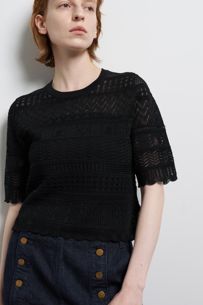 【ランバン オン ブルー/LANVIN en Bleu】のレースハーフスリーブニット 人気、トレンドファッション・服の通販 founy(ファニー) 　ファッション　Fashion　レディースファッション　Fashion for Women　トップス・カットソー　Cut & Sew Tops　ニット　Knit Tops & Sweaters　カジュアルプルオーバー・ニットトップス　Pullovers & Knit Tops / Casual Pullovers　カーディガン　Cardigan, Knitwear　コンパクト　Compact, Small Size　バランス　Balance, Style Balance　パターン　Pattern, Design Print　レース　Lace, Lace Fabric　エレガント 上品　Elegant　新作・新入荷　New Arrivals / New In　other-7|ID: prp329100004889672 ipo3291000000036536259