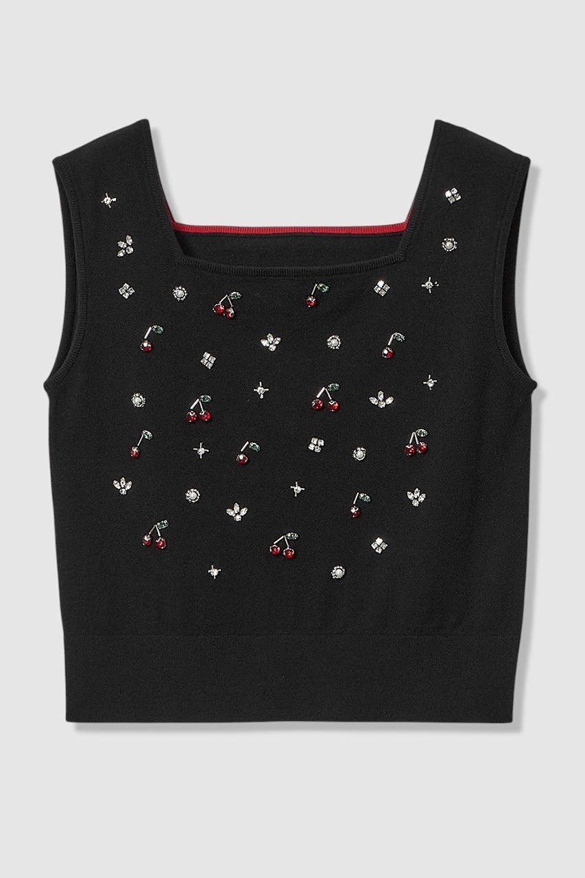 【アルアバイル/allureville】の【LOULOU WILLOUGHBY】CHERRYビジュータンク インテリア・キッズ・メンズ・レディースファッション・服の通販 founy(ファウニー) 　ファッション　Fashion　レディースファッション　Fashion for Women　トップス・カットソー　Cut & Sew Tops　ニット　Knit Tops & Sweaters　カジュアルプルオーバー・ニットトップス　Pullovers & Knit Tops / Casual Pullovers　カーディガン　Cardigan, Knitwear　スクエア　Square, Square Shape　タンク　Tank Top, Sleeveless Top　チェリー　Cherry, Cherry Pattern　ビジュー　Bijou, Jewel-like Accent　モチーフ　Motif, Design Theme　ブラック|ID: prp329100004890502 ipo3291000000036546873