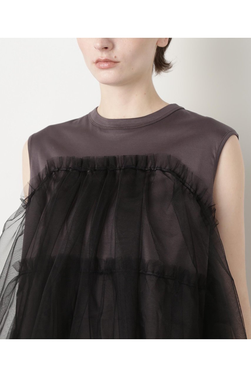 【ヒューエルミュージアム/hueLe Museum】の【STUMBLY】Tulle Combination Tops 人気、トレンドファッション・服の通販 founy(ファニー) 　ファッション　Fashion　レディースファッション　Fashion for Women　トップス・カットソー　Cut & Sew Tops　キャミソール&ノースリーブ　Camisoles & Sleeveless Tops　シャツ・ブラウス・オフィスカジュアル　Elegant Blouses & Button-Ups　ロングTシャツ・Tシャツ　Longline T-Shirts & Tees　カットソー・ベーシックTシャツ　Cut-and-Sewn Tops / Stretch Tees & Basics　キャミソール　Camisole, Spaghetti Strap Top　シンプル　Simple, Minimal　タンク　Tank Top, Sleeveless Top　チュール　Tulip, Tulip Motif　モノトーン　Monotone, Black and White　other-5|ID: prp329100004891559 ipo3291000000036563870