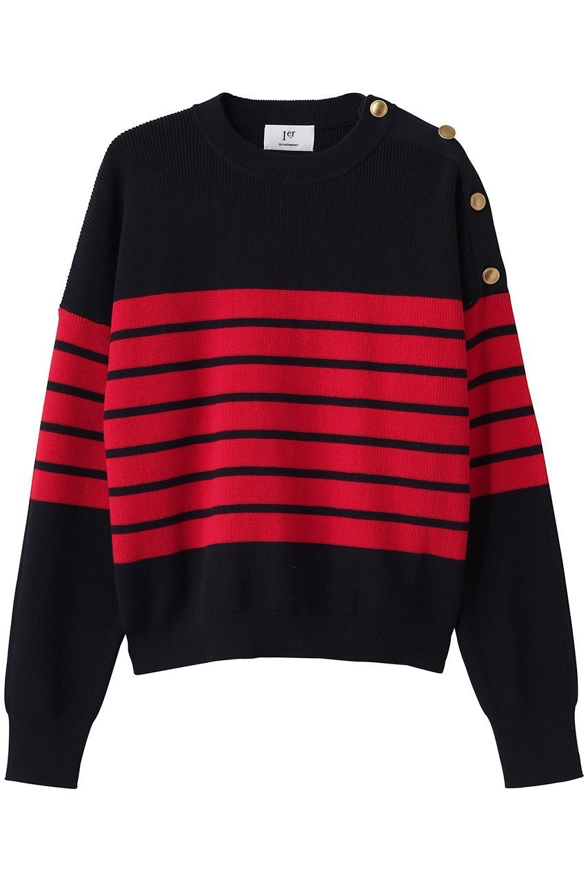 【プルミエ アロンディスモン/1er Arrondissement】のハイツイストコットンボーダープルオーバー インテリア・キッズ・メンズ・レディースファッション・服の通販 founy(ファニー) 　ファッション　Fashion　レディースファッション　Fashion for Women　トップス・カットソー　Cut & Sew Tops　ニット　Knit Tops & Sweaters　カジュアルプルオーバー・ニットトップス　Pullovers & Knit Tops / Casual Pullovers　なめらか　Smooth, Silky Texture　ショルダー　Shoulder, Shoulder Strap　ボーダー　Border, Stripe　エレガント 上品　Elegant　春　Spring　レッド系|ID: prp329100004892678 ipo3291000000036572334