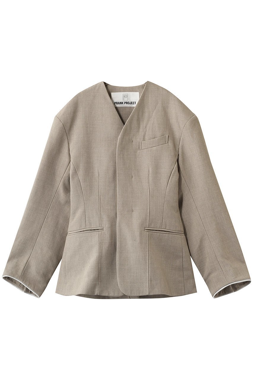 【プランク プロジェクト/PRANK PROJECT】のラウンドショルダーノーカラージャケット インテリア・キッズ・メンズ・レディースファッション・服の通販 founy(ファニー) 　ファッション　Fashion　レディースファッション　Fashion for Women　アウター　Coat / Outerwear Collection　レディースジャケット・軽アウター　Jackets　ノーカラージャケット / シンプル上品コーデ　Collarless Jackets　おすすめ　Recommended / Our Picks　なめらか　Smooth, Silky Texture　カッティング　Cutting Detail　シェイプ　Shape, Slim Fit　ジャケット　Jacket, Outerwear　セットアップ　Set-Up, Coordinated Outfit　デニム　Denim, Jeans Material　フォルム　Silhouette, Form　ボンディング　Bonding, Bonded Fabric　BGE(ベージュ)|ID: prp329100004893582 ipo3291000000036579946