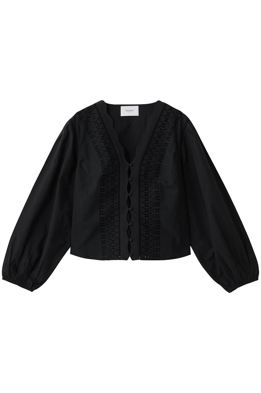 【マーレット/MERLETTE】のEVA アイレットレース Vネックボタンブラウス インテリア・キッズ・メンズ・レディースファッション・服の通販 founy(ファニー) 　ファッション　Fashion　レディースファッション　Fashion for Women　トップス・カットソー　Cut & Sew Tops　シャツ・ブラウス・オフィスカジュアル　Elegant Blouses & Button-Ups　Vネックトップス　V-Neck Tops / V-Cut Neckline Shirts　アイレット　Eyelet Lace　エレガント 上品　Elegant　ショート　Short, Short Length　スカラップ　Scallop, Scalloped Edge　スリーブ　Sleeve, Long Sleeve / Short Sleeve　ドレス　Dress, One-Piece　フェミニン　Feminine, Girly　フレア　Flare, Flared　ロング　Long, Long-Length　ブラック|ID: prp329100004893737 ipo3291000000036580982