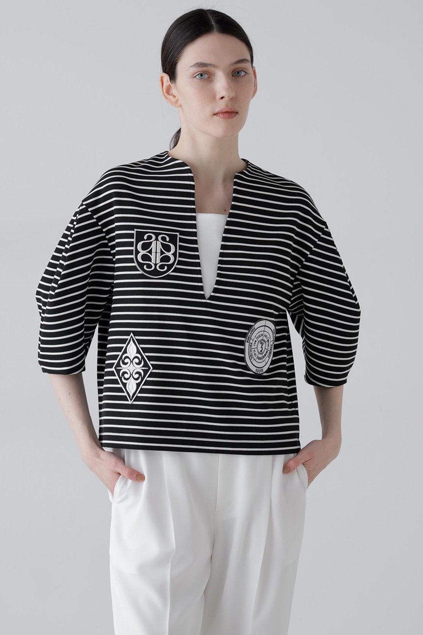 【アドーア/ADORE】のエンブレムボーダー 人気、トレンドファッション・服の通販 founy(ファニー) 　ファッション　Fashion　レディースファッション　Fashion for Women　トップス・カットソー　Cut & Sew Tops　シャツ・ブラウス・オフィスカジュアル　Elegant Blouses & Button-Ups　ロングTシャツ・Tシャツ　Longline T-Shirts & Tees　カットソー・ベーシックTシャツ　Cut-and-Sewn Tops / Stretch Tees & Basics　コンパクト　Compact, Small Size　ショート　Short, Short Length　スリーブ　Sleeve, Long Sleeve / Short Sleeve　バスク　Basque, Basque Style　ボーダー　Border, Stripe　モノトーン　Monotone, Black and White　 other-1|ID: prp329100004894029 ipo3291000000036583103