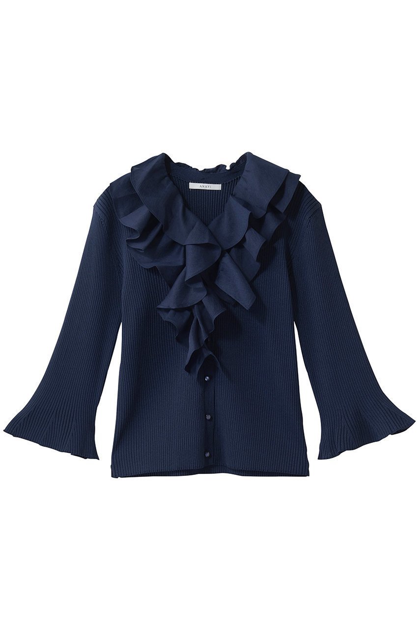 【アナイ/ANAYI】のルーシュ付カーディガン インテリア・キッズ・メンズ・レディースファッション・服の通販 founy(ファウニー) ファッション Fashion レディースファッション Fashion for Women トップス・カットソー Cut & Sew Tops ニット Knit Tops & Sweaters カーディガン・羽織り Layered Style Cardigans エレガント 上品 Elegant カフス Cuff Design カーディガン Cardigan, Knitwear フリル Frill, Ruffle フレア Flare, Flared リブニット Rib Knit, Ribbed Knit ネイビー|ID: prp329100004894167 ipo3291000000036874664