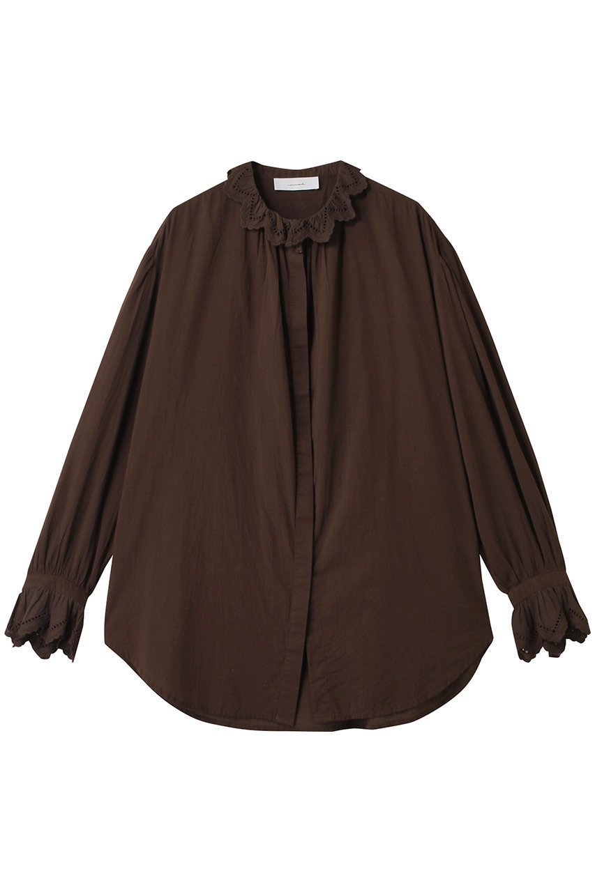 【エリオポール/heliopole】の【normment】スカラップエンブロイダリーフリルブラウス インテリア・キッズ・メンズ・レディースファッション・服の通販 founy(ファニー) ファッション Fashion レディースファッション Fashion for Women トップス・カットソー Cut & Sew Tops シャツ・ブラウス・オフィスカジュアル Elegant Blouses & Button-Ups ショート Short, Short Length スリーブ Sleeve, Long Sleeve / Short Sleeve デニム Denim, Jeans Material バランス Balance, Style Balance フリル Frill, Ruffle フレア Flare, Flared フロント Front, Front Design ボトム Bottoms, Lower Wear ミックス Mix, Mixed Style ダークブラウン|ID: prp329100004894322 ipo3291000000036585839