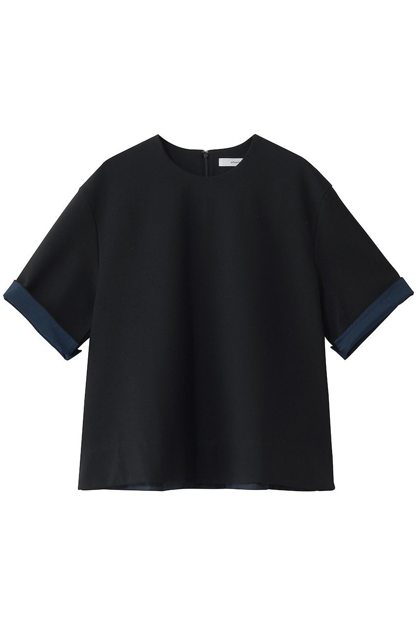 【エブール/ebure】のソフトツイストポンチ バイカラースリーブTブラウス インテリア・キッズ・メンズ・レディースファッション・服の通販 founy(ファニー) 　ファッション　Fashion　レディースファッション　Fashion for Women　トップス・カットソー　Cut & Sew Tops　シャツ・ブラウス・オフィスカジュアル　Elegant Blouses & Button-Ups　カットソー　Cut and Sewn Top　ショート　Short, Short Length　スリット　Slit, Slit Detail　スリーブ　Sleeve, Long Sleeve / Short Sleeve　フィット　Fit, Slim Fit　エレガント 上品　Elegant　ブラック×ブルー|ID: prp329100004894418 ipo3291000000036586757