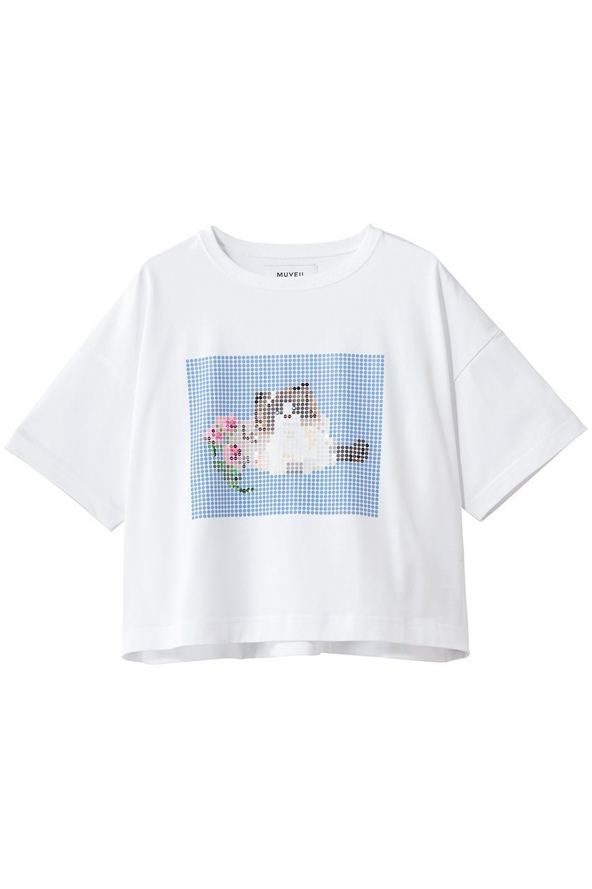 【ミュベール/MUVEIL】のキャットプリント刺しゅうTシャツ インテリア・キッズ・メンズ・レディースファッション・服の通販 founy(ファニー) 　ファッション　Fashion　レディースファッション　Fashion for Women　トップス・カットソー　Cut & Sew Tops　シャツ・ブラウス・オフィスカジュアル　Elegant Blouses & Button-Ups　ロングTシャツ・Tシャツ　Longline T-Shirts & Tees　カットソー・ベーシックTシャツ　Cut-and-Sewn Tops / Stretch Tees & Basics　グラフィック　Graphic, Graphic Design　ショート　Short, Short Length　スパンコール　Sequins, Sequin Embellishment　スリーブ　Sleeve, Long Sleeve / Short Sleeve　ドット　Polka Dot, Dot Pattern　バランス　Balance, Style Balance　プリント　Print, Printed Pattern　新作・新入荷　New Arrivals / New In　ホワイト|ID: prp329100004894592 ipo3291000000036588571