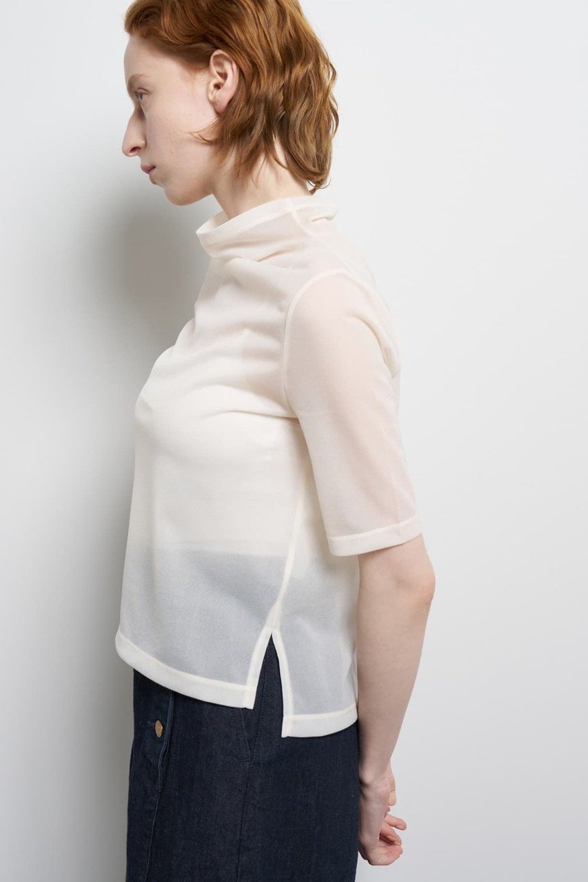 【ランバン オン ブルー/LANVIN en Bleu】のシアーハーフスリーブカットソー 人気、トレンドファッション・服の通販 founy(ファニー) 　ファッション　Fashion　レディースファッション　Fashion for Women　トップス・カットソー　Cut & Sew Tops　シャツ・ブラウス・オフィスカジュアル　Elegant Blouses & Button-Ups　ロングTシャツ・Tシャツ　Longline T-Shirts & Tees　カットソー・ベーシックTシャツ　Cut-and-Sewn Tops / Stretch Tees & Basics　ショート　Short, Short Length　シンプル　Simple, Minimal　ジョーゼット　Georgette, Semi-Sheer Fabric　スリット　Slit, Slit Detail　スリーブ　Sleeve, Long Sleeve / Short Sleeve　ドレープ　Drape, Draping Fabric　ハイネック　High Neck, Mock Neck　ファブリック　Fabric, Textile　エレガント 上品　Elegant　再入荷　Restock / Back in Stock　other-2|ID: prp329100004894598 ipo3291000000036588627