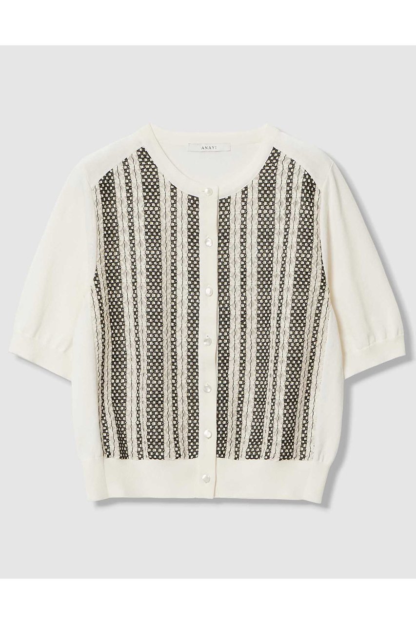 【アナイ/ANAYI】のインポートレースドッキング カーディガン インテリア・キッズ・メンズ・レディースファッション・服の通販 founy(ファウニー) 　ファッション　Fashion　レディースファッション　Fashion for Women　トップス・カットソー　Cut & Sew Tops　ニット　Knit Tops & Sweaters　カーディガン・羽織り　Layered Style Cardigans　カーディガン　Cardigan, Knitwear　コンパクト　Compact, Small Size　チュール　Tulip, Tulip Motif　レース　Lace, Lace Fabric　エレガント 上品　Elegant　半袖　Short Sleeve, Half Sleeve　ホワイト系|ID: prp329100004894643 ipo3291000000036589057