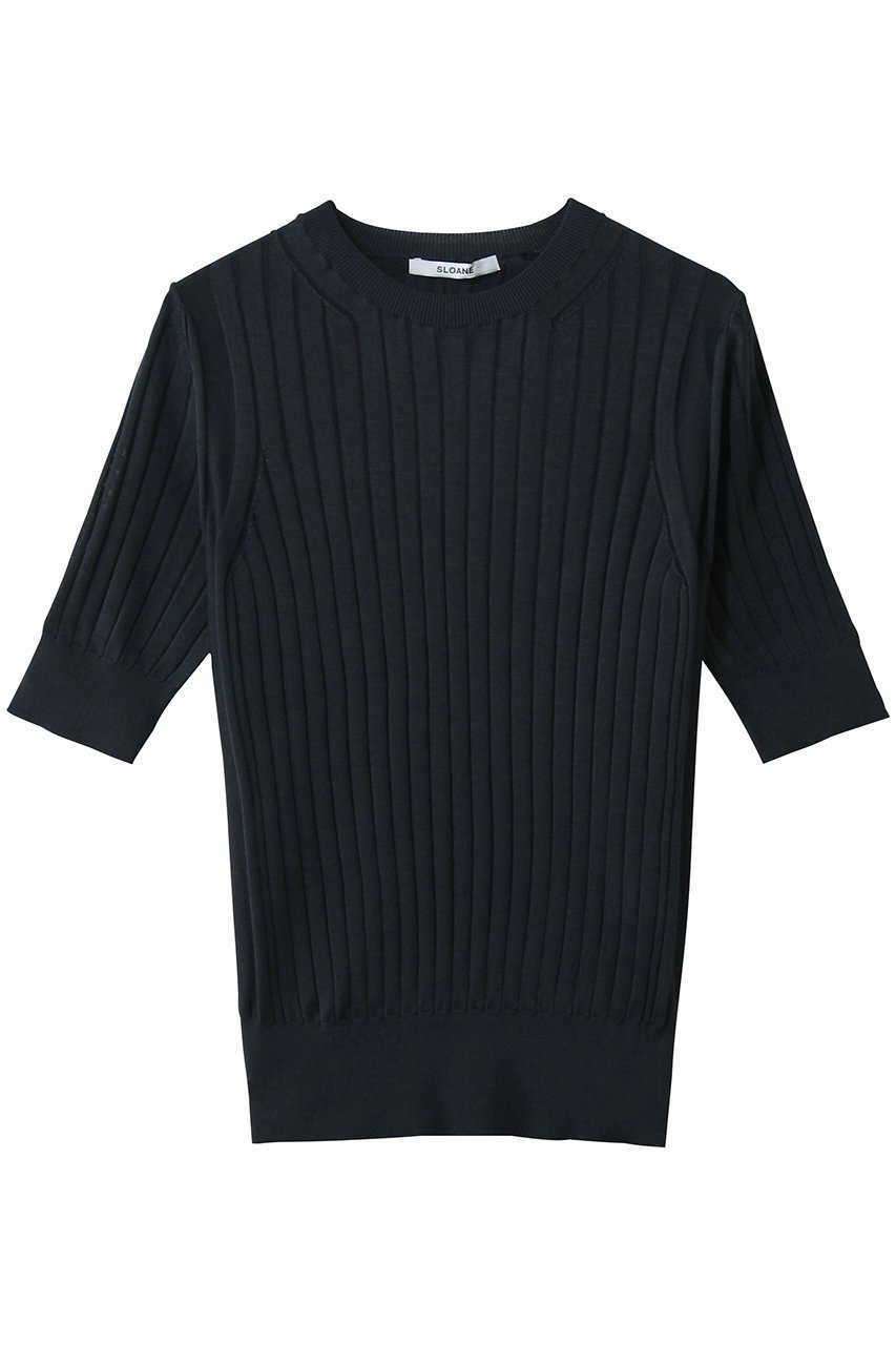 【スローン/SLOANE】の18Gワイドリブ シルク 5分袖クルーネック インテリア・キッズ・メンズ・レディースファッション・服の通販 founy(ファウニー) 　ファッション　Fashion　レディースファッション　Fashion for Women　トップス・カットソー　Cut & Sew Tops　ニット　Knit Tops & Sweaters　カジュアルプルオーバー・ニットトップス　Pullovers & Knit Tops / Casual Pullovers　なめらか　Smooth, Silky Texture　シルク　Silk, 100% Silk　フィット　Fit, Slim Fit　ワイドリブ　Wide Rib, Wide Ribbed Knit　エレガント 上品　Elegant　再入荷　Restock / Back in Stock　ネイビー|ID: prp329100004894707 ipo3291000000036589743