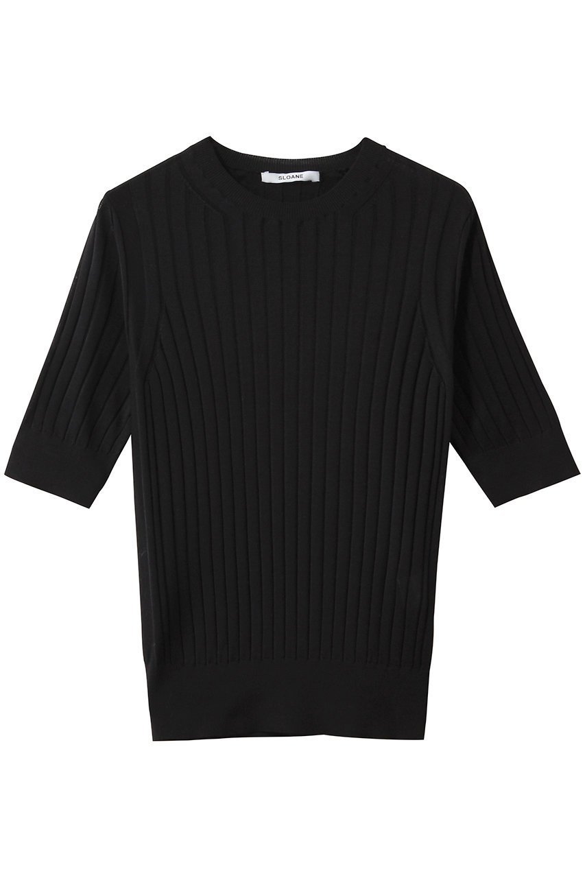 【スローン/SLOANE】の18Gワイドリブ シルク 5分袖クルーネック インテリア・キッズ・メンズ・レディースファッション・服の通販 founy(ファウニー) 　ファッション　Fashion　レディースファッション　Fashion for Women　トップス・カットソー　Cut & Sew Tops　ニット　Knit Tops & Sweaters　カジュアルプルオーバー・ニットトップス　Pullovers & Knit Tops / Casual Pullovers　なめらか　Smooth, Silky Texture　シルク　Silk, 100% Silk　フィット　Fit, Slim Fit　ワイドリブ　Wide Rib, Wide Ribbed Knit　エレガント 上品　Elegant　再入荷　Restock / Back in Stock　ブラック|ID: prp329100004894707 ipo3291000000036589744