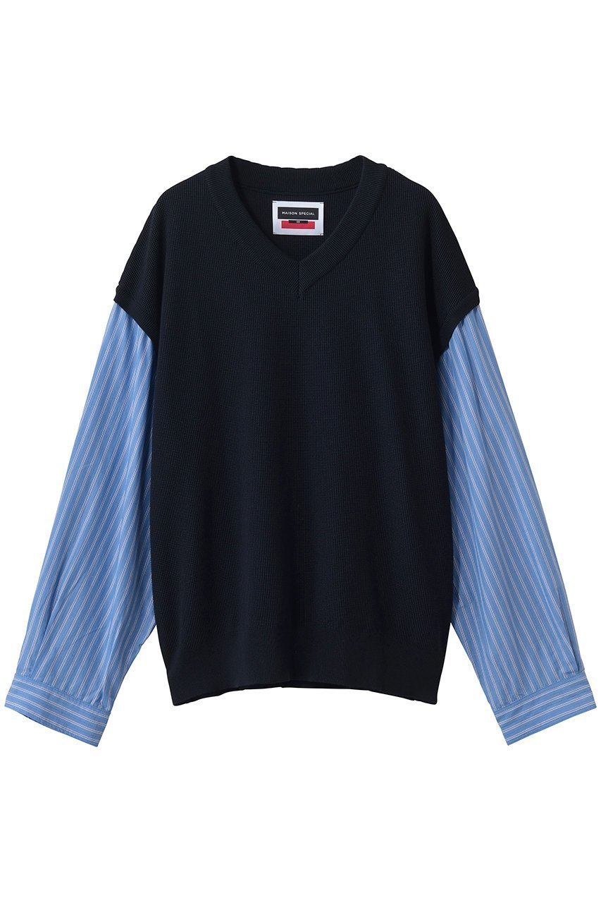 【メゾンスペシャル/MAISON SPECIAL】の【UNISEX】シャツドッキングVネックニット PO L/S 人気、トレンドファッション・服の通販 founy(ファニー) 　ファッション　Fashion　レディースファッション　Fashion for Women　トップス・カットソー　Cut & Sew Tops　ニット　Knit Tops & Sweaters　シャツ・ブラウス・オフィスカジュアル　Elegant Blouses & Button-Ups　レディースパーカー・カジュアルフーディー　Casual Hoodies & Sweatshirts　ロングTシャツ・Tシャツ　Longline T-Shirts & Tees　スウェット・クルーネックトップス　Sweatshirts & Crewnecks / Relaxed Fit Sweat Tops　カットソー・ベーシックTシャツ　Cut-and-Sewn Tops / Stretch Tees & Basics　Vネックトップス　V-Neck Tops / V-Cut Neckline Shirts　ユニセックス　Unisex, Genderless　ショルダー　Shoulder, Shoulder Strap　シンプル　Simple, Minimal　ストライプ　Stripe, Striped Pattern　ドッキング　Docking, Mixed Material　ドロップ　Drop Shoulder, Dropped Style　ベスト　Vest, Waistcoat　ボトム　Bottoms, Lower Wear　新作・新入荷　New Arrivals / New In　 other-1|ID: prp329100004894840 ipo3291000000036591031