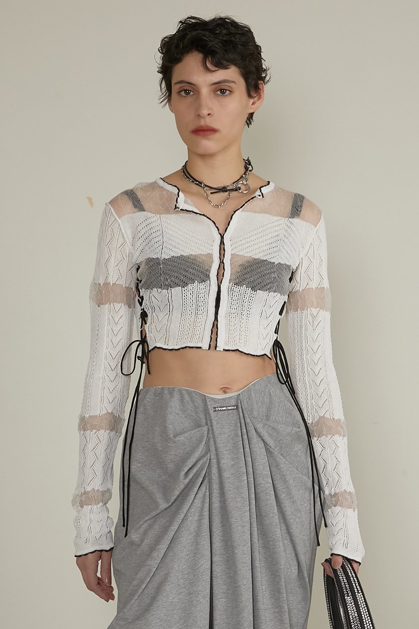 【プランク プロジェクト/PRANK PROJECT】のレースニットカーディガン / Lace Knit Cardigan 大人の最旬トレンドファッション＆コーディネート founy(ファウニー) 　ファッション　Fashion　レディースファッション　Fashion for Women　トップス・カットソー　Cut & Sew Tops　ニット　Knit Tops & Sweaters　カーディガン・羽織り　Layered Style Cardigans　インナー　Innerwear　カーディガン　Cardigan, Knitwear　コルセット　Corset, Bustier　シアー　Sheer, See-Through　パターン　Pattern, Design Print　レース　Lace, Lace Fabric　other-7|ID: prp329100004895127 ipo3291000000036896125