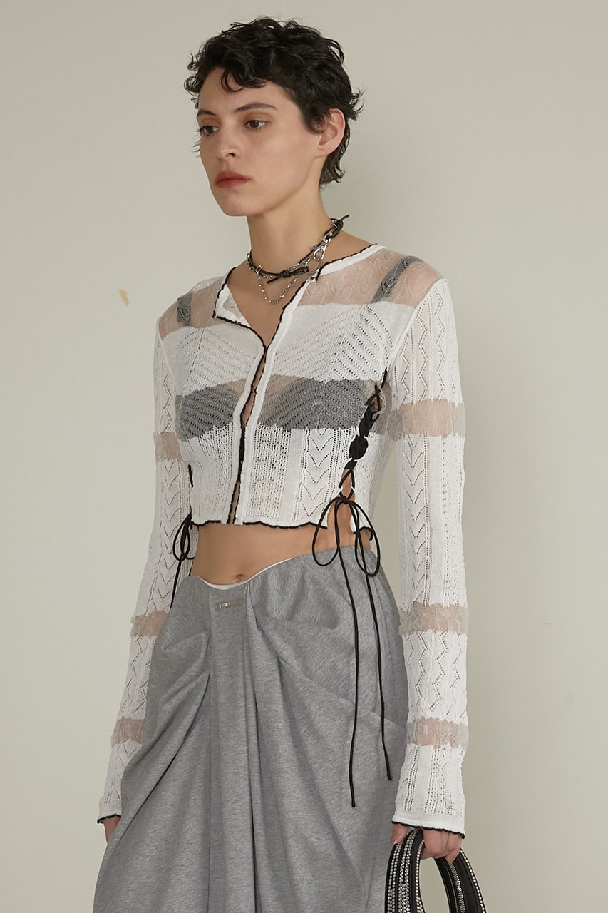 【プランク プロジェクト/PRANK PROJECT】のレースニットカーディガン / Lace Knit Cardigan 大人の最旬トレンドファッション＆コーディネート founy(ファウニー) 　ファッション　Fashion　レディースファッション　Fashion for Women　トップス・カットソー　Cut & Sew Tops　ニット　Knit Tops & Sweaters　カーディガン・羽織り　Layered Style Cardigans　インナー　Innerwear　カーディガン　Cardigan, Knitwear　コルセット　Corset, Bustier　シアー　Sheer, See-Through　パターン　Pattern, Design Print　レース　Lace, Lace Fabric　other-8|ID: prp329100004895127 ipo3291000000036896126