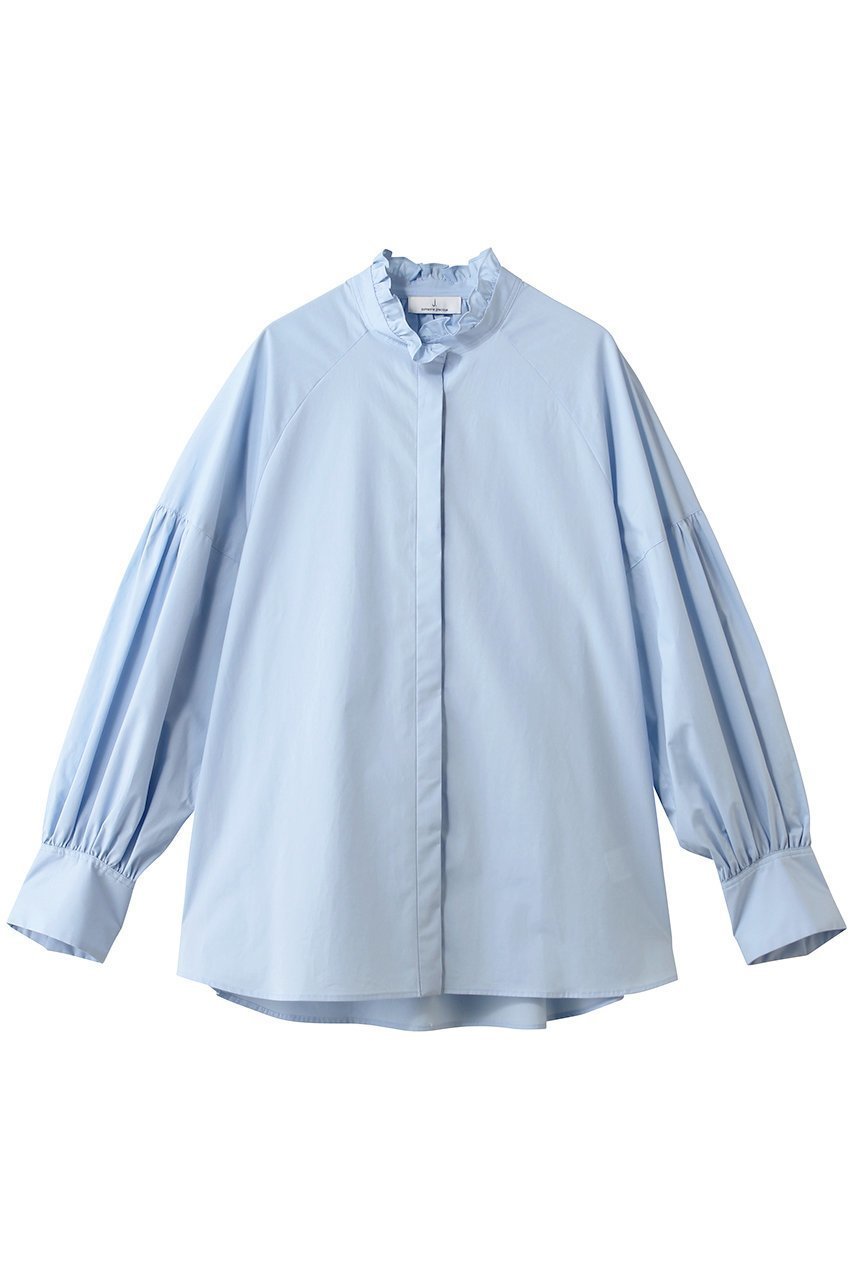 【ジェイドット/j.】のタイプライター スタンドフリルブラウス インテリア・キッズ・メンズ・レディースファッション・服の通販 founy(ファニー) 　ファッション　Fashion　レディースファッション　Fashion for Women　トップス・カットソー　Cut & Sew Tops　シャツ・ブラウス・オフィスカジュアル　Elegant Blouses & Button-Ups　インナー　Innerwear　カフス　Cuff Design　ジャケット　Jacket, Outerwear　スリーブ　Sleeve, Long Sleeve / Short Sleeve　タイプライター　Typewriter Fabric, Crisp Cotton　フリル　Frill, Ruffle　ロング　Long, Long-Length　エレガント 上品　Elegant　サックス|ID: prp329100004895320 ipo3291000000036596390