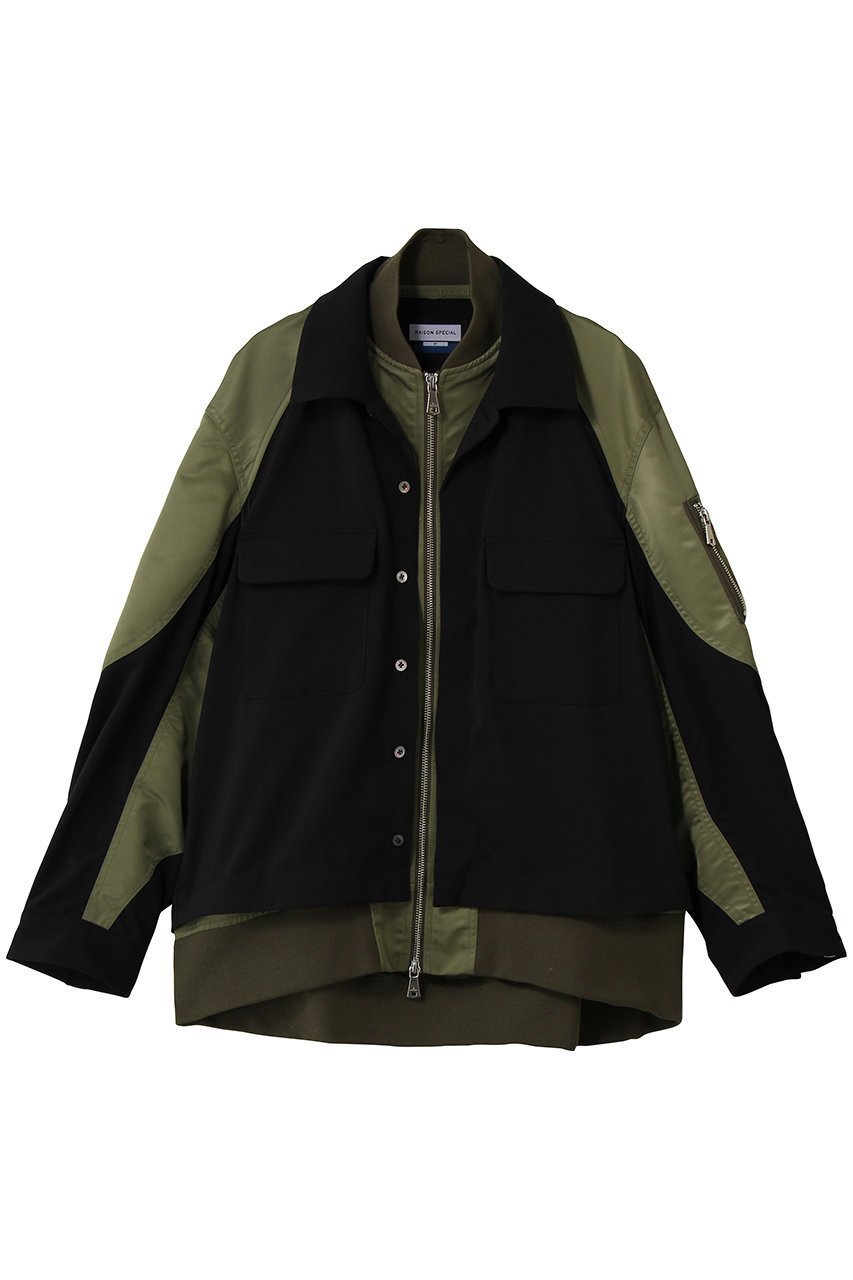 【メゾンスペシャル/MAISON SPECIAL】の【UNISEX】レイヤリングMA-1オープンカラーシャツ インテリア・キッズ・メンズ・レディースファッション・服の通販 founy(ファウニー) 　ファッション　Fashion　レディースファッション　Fashion for Women　アウター　Coat / Outerwear Collection　MA-1ジャケット　MA-1 Bomber Jackets / Flight Jackets　トップス・カットソー　Cut & Sew Tops　シャツ・ブラウス・オフィスカジュアル　Elegant Blouses & Button-Ups　ジュエリー　Jewelry　ファッションリング　Fashion Rings　イヤリング・フープ・ドロップタイプ　Hoop, Drop & Clip Earrings　ユニセックス　Unisex, Genderless　スポーツ　Sports, Activewear　スリーブ　Sleeve, Long Sleeve / Short Sleeve　ドッキング　Docking, Mixed Material　ロング　Long, Long-Length　再入荷　Restock / Back in Stock　切替　Switching, Contrast Panel　BLK(ブラック)|ID: prp329100004895780 ipo3291000000036931649
