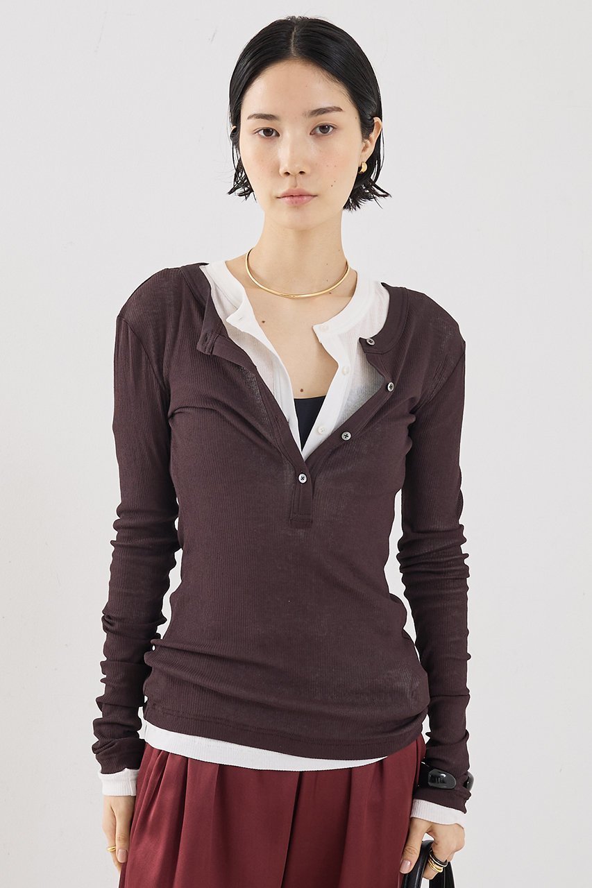 【ザ ストア バイ シー/THE STORE by C】の【COCUCA】ヘンリーリブプルオーバー インテリア・キッズ・メンズ・レディースファッション・服の通販 founy(ファニー) 　ファッション　Fashion　レディースファッション　Fashion for Women　トップス・カットソー　Cut & Sew Tops　シャツ・ブラウス・オフィスカジュアル　Elegant Blouses & Button-Ups　ロングTシャツ・Tシャツ　Longline T-Shirts & Tees　カジュアルプルオーバー・ニットトップス　Pullovers & Knit Tops / Casual Pullovers　カットソー・ベーシックTシャツ　Cut-and-Sewn Tops / Stretch Tees & Basics　シアー　Sheer, See-Through　シフォン　Chiffon, Lightweight Fabric　スリーブ　Sleeve, Long Sleeve / Short Sleeve　デニム　Denim, Jeans Material　フィット　Fit, Slim Fit　ベーシック　Basic, Essential　ボトム　Bottoms, Lower Wear　ロング　Long, Long-Length　再入荷　Restock / Back in Stock　別注　Limited Edition, Custom Order　チョコ|ID: prp329100004896486 ipo3291000000036609935